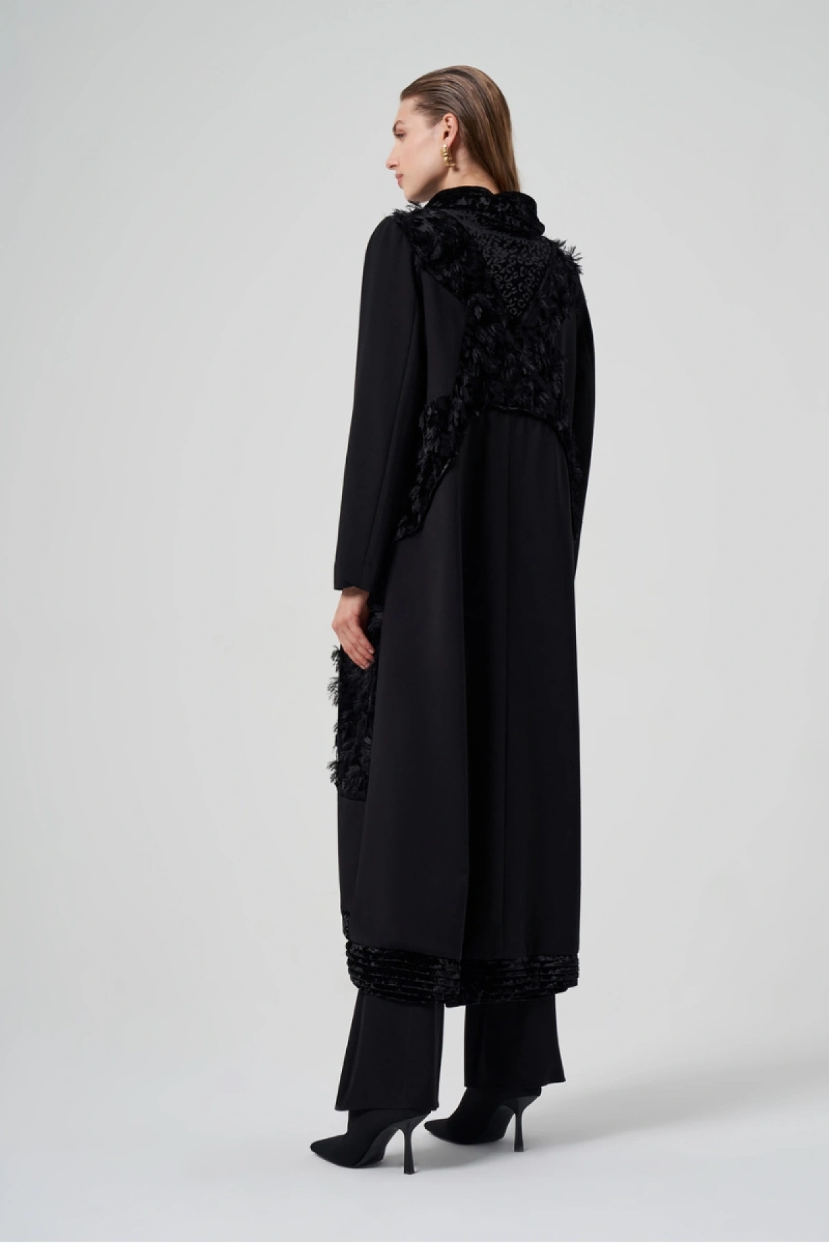 MissWhence Kadife Patchwork Pardesü Siyah 36410