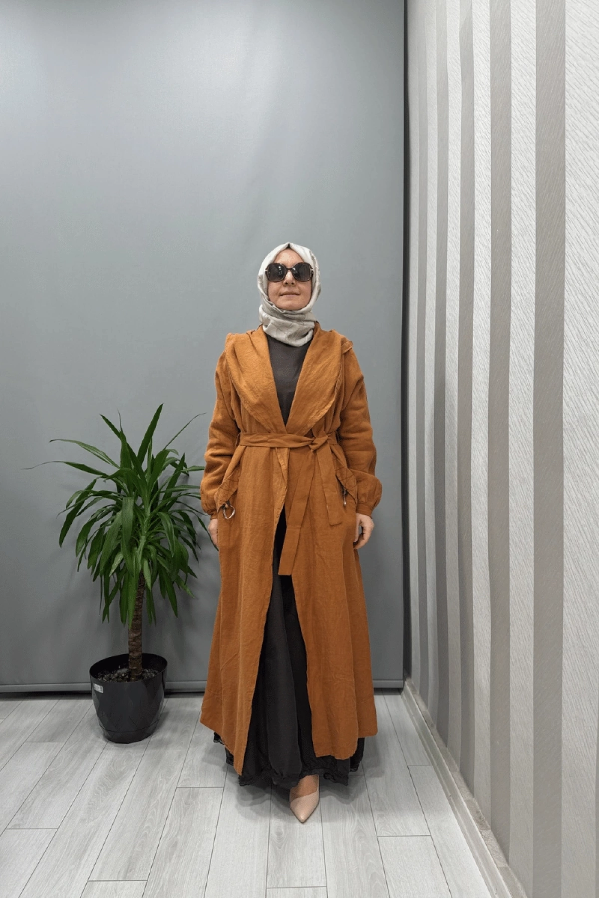 Misswhence Kapüşonlu Keten Kap Tarçın 37401