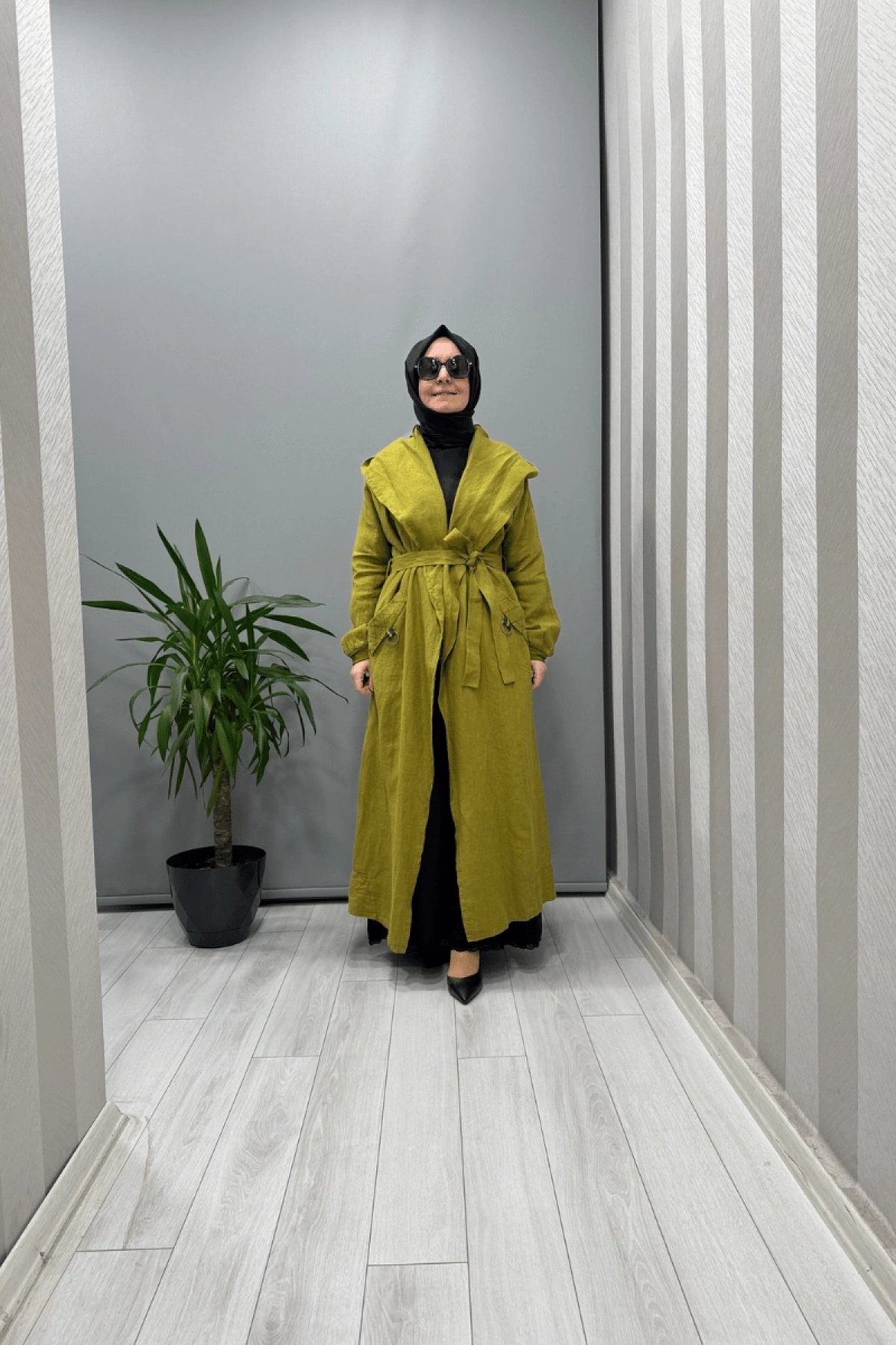 Misswhence Kapüşonlu Keten Kap Yeşil 37401