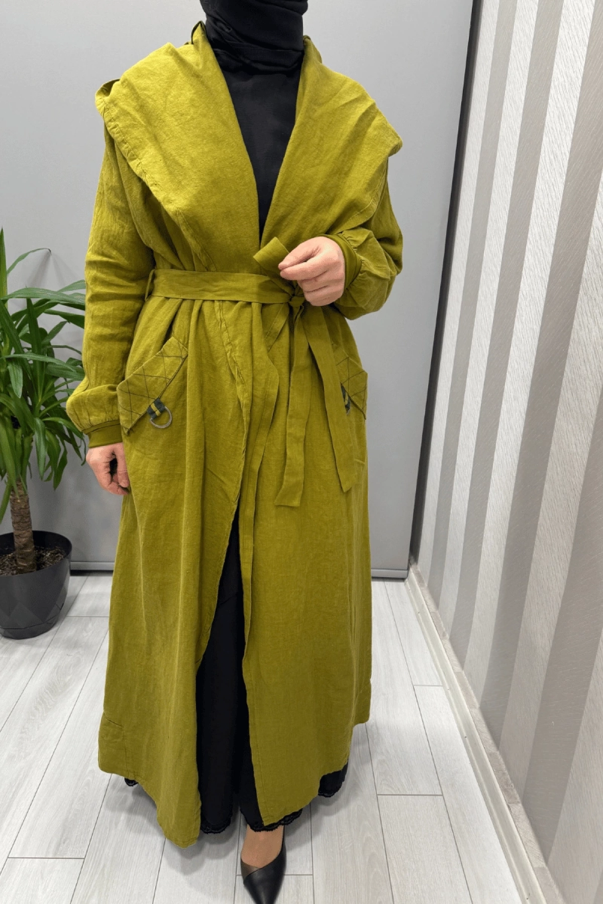 Misswhence Kapüşonlu Keten Kap Yeşil 37401