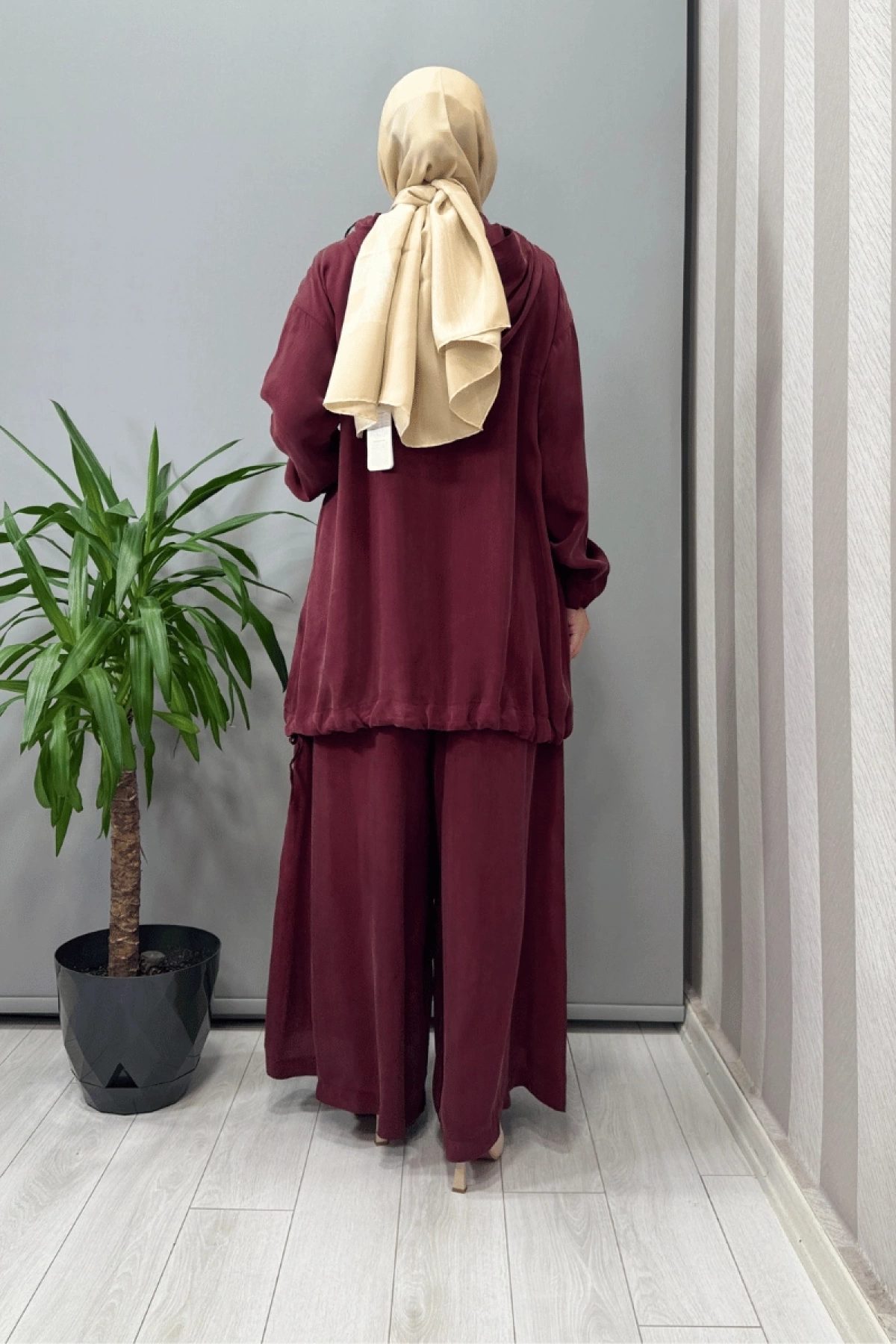 Misswhence Kapüşonlu Tunik Pantolon Takımı Bordo 37007