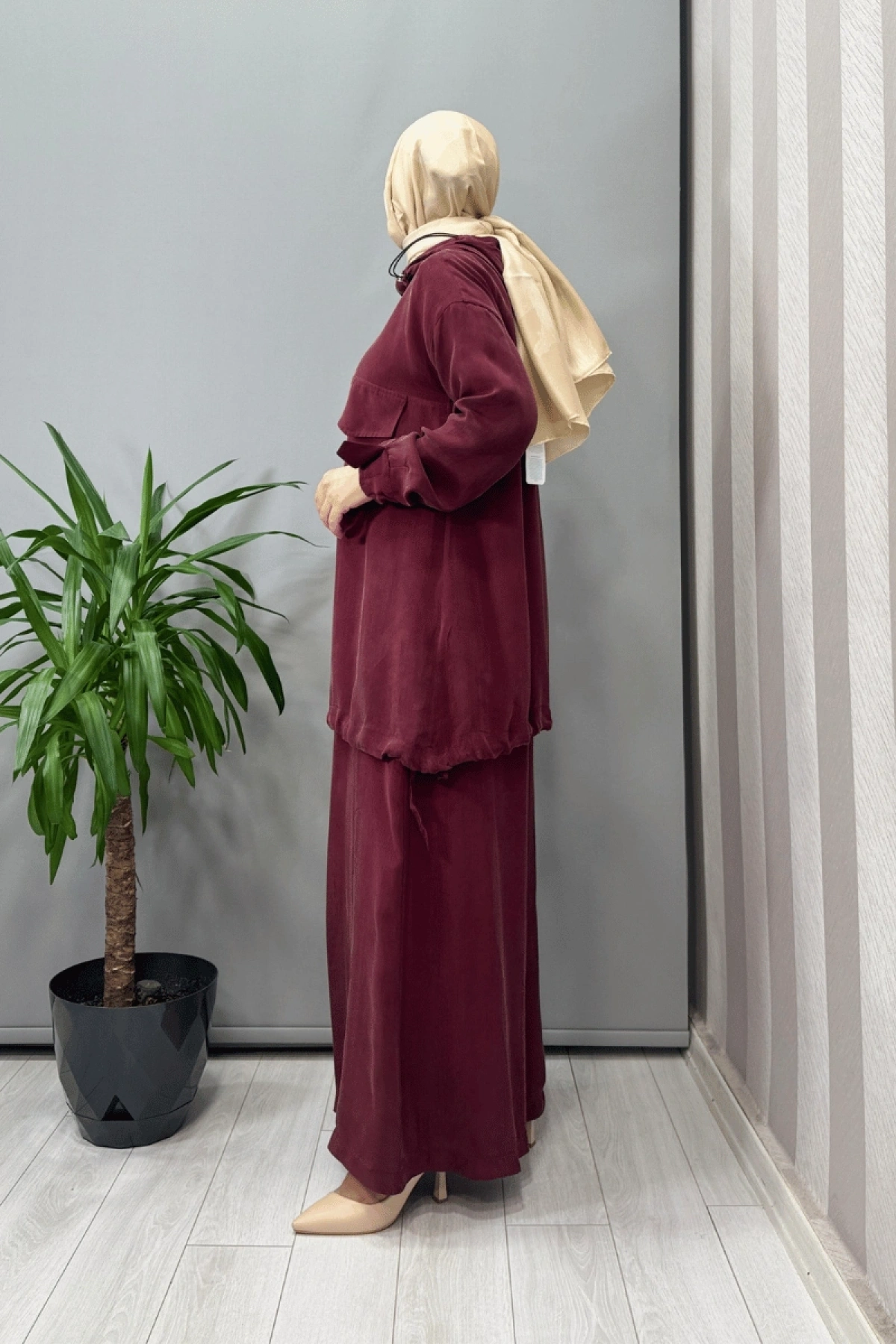 Misswhence Kapüşonlu Tunik Pantolon Takımı Bordo 37007