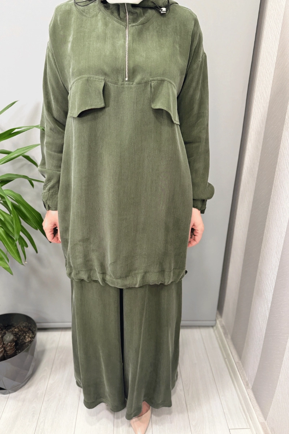 Misswhence Kapüşonlu Tunik Pantolon Takımı Yeşil 37007