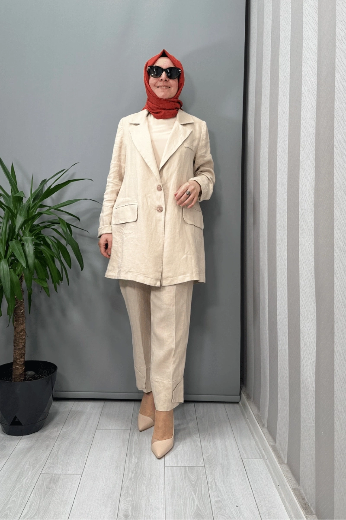 Misswhence Keten  Ceket Pantolon Takım Bej 37207