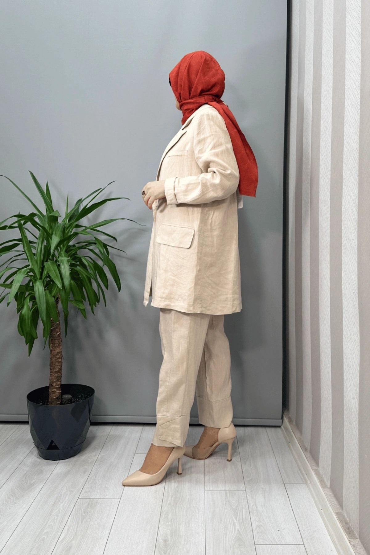 Misswhence Keten  Ceket Pantolon Takım Bej 37207