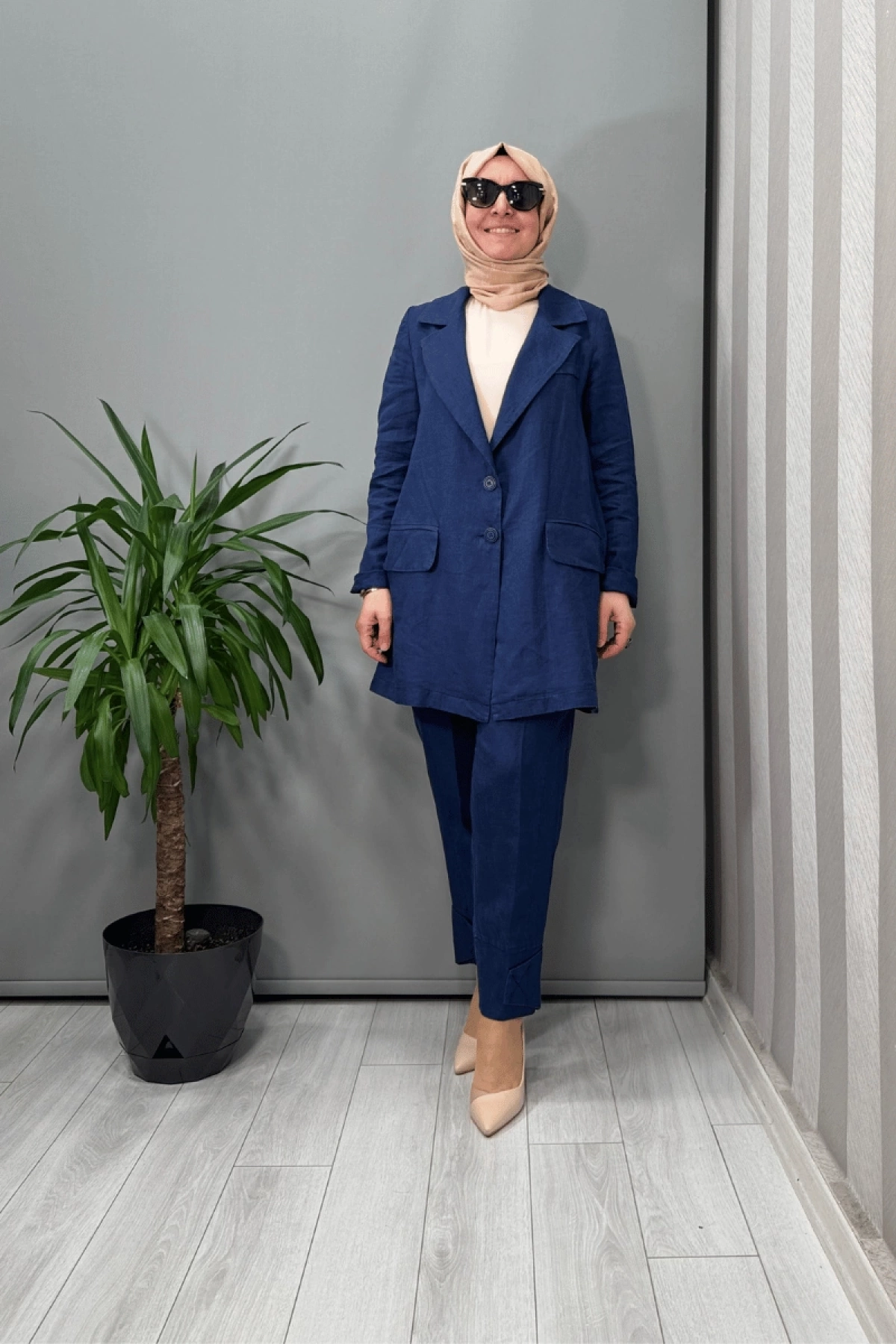 Misswhence Keten Ceket Pantolon Takım Lacivert 37207