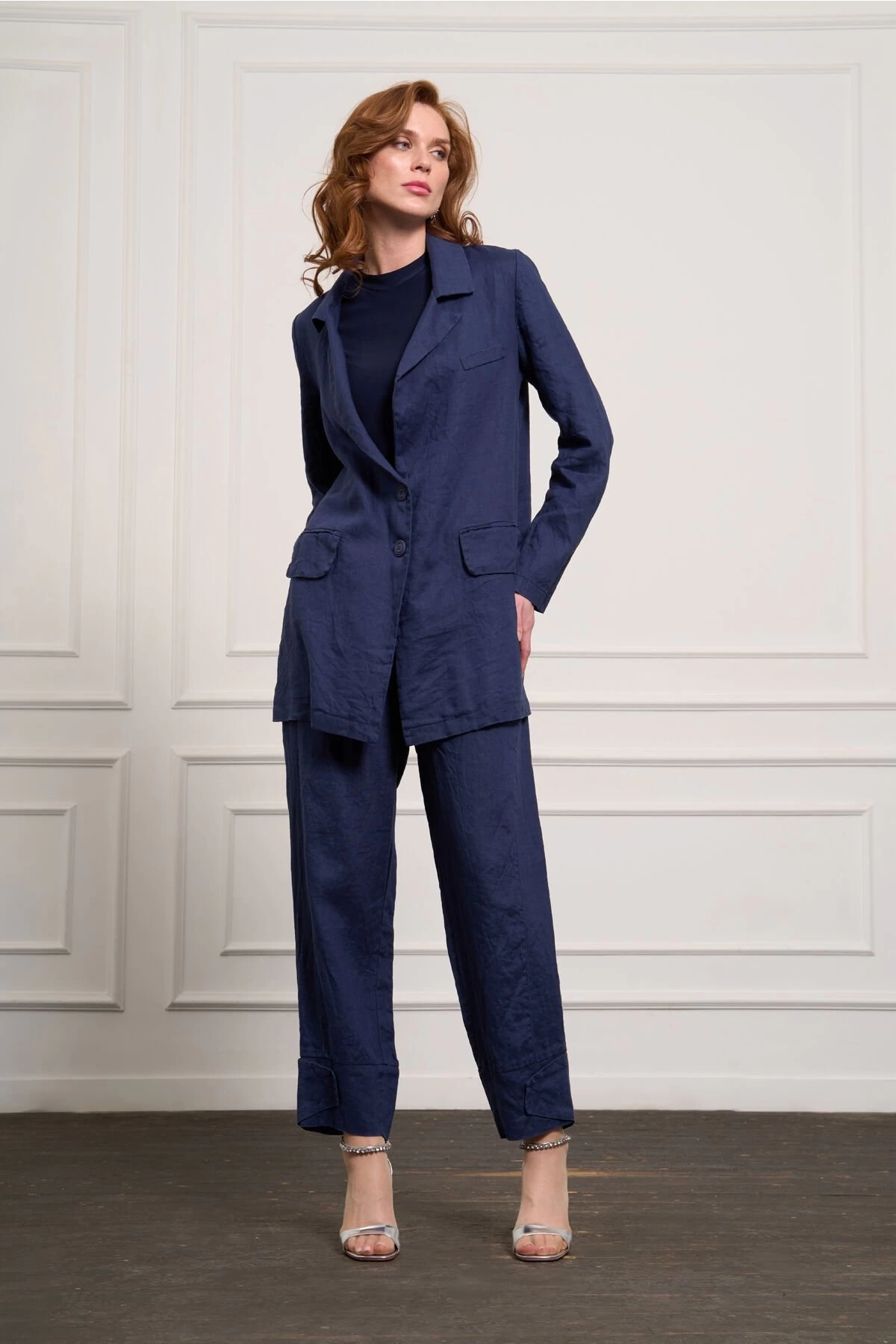 Misswhence Keten Ceket Pantolon Takım Lacivert 37207