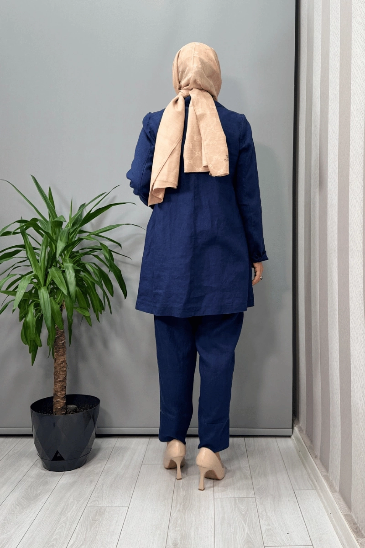 Misswhence Keten Ceket Pantolon Takım Lacivert 37207