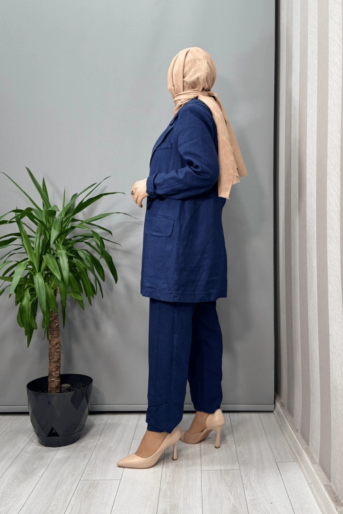 Misswhence Keten Ceket Pantolon Takım Lacivert 37207