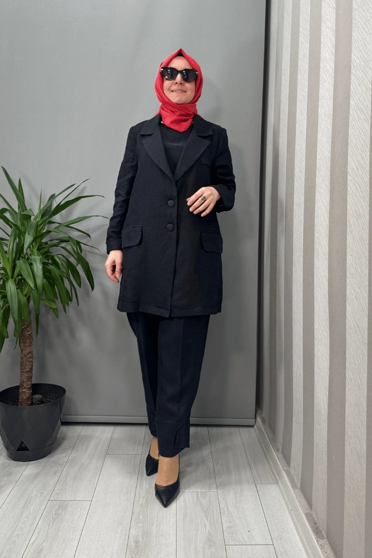 Misswhence Keten  Ceket Pantolon Takım Siyah 37207