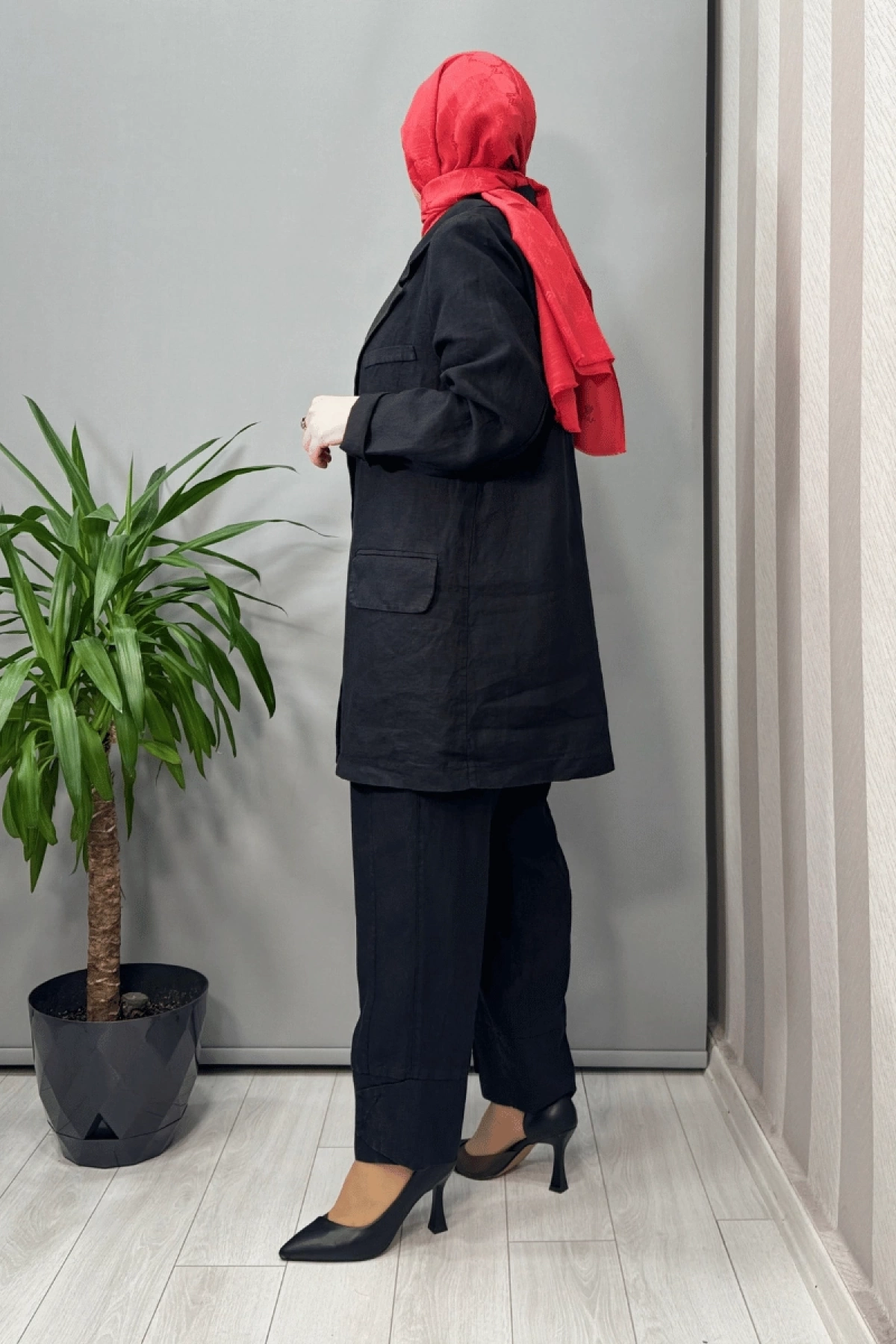 Misswhence Keten  Ceket Pantolon Takım Siyah 37207