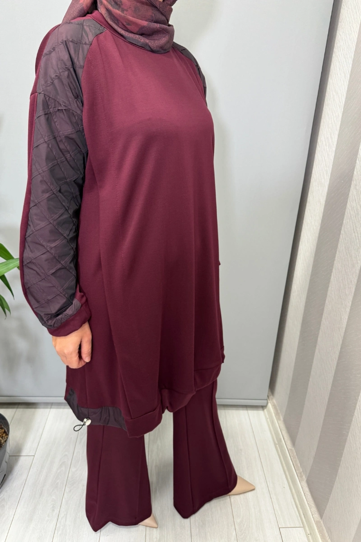 Misswhence Kolu Kumaş ve Diliş Detaylı Tunik Bordo 38040