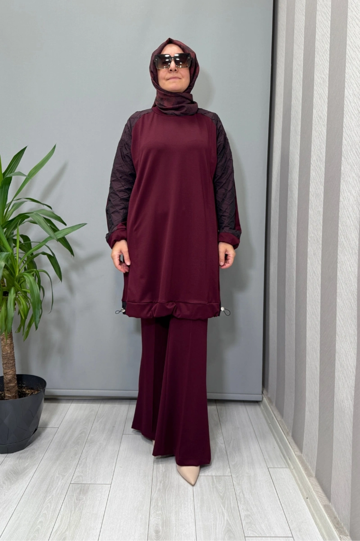Misswhence Kolu Kumaş ve Diliş Detaylı Tunik Bordo 38040