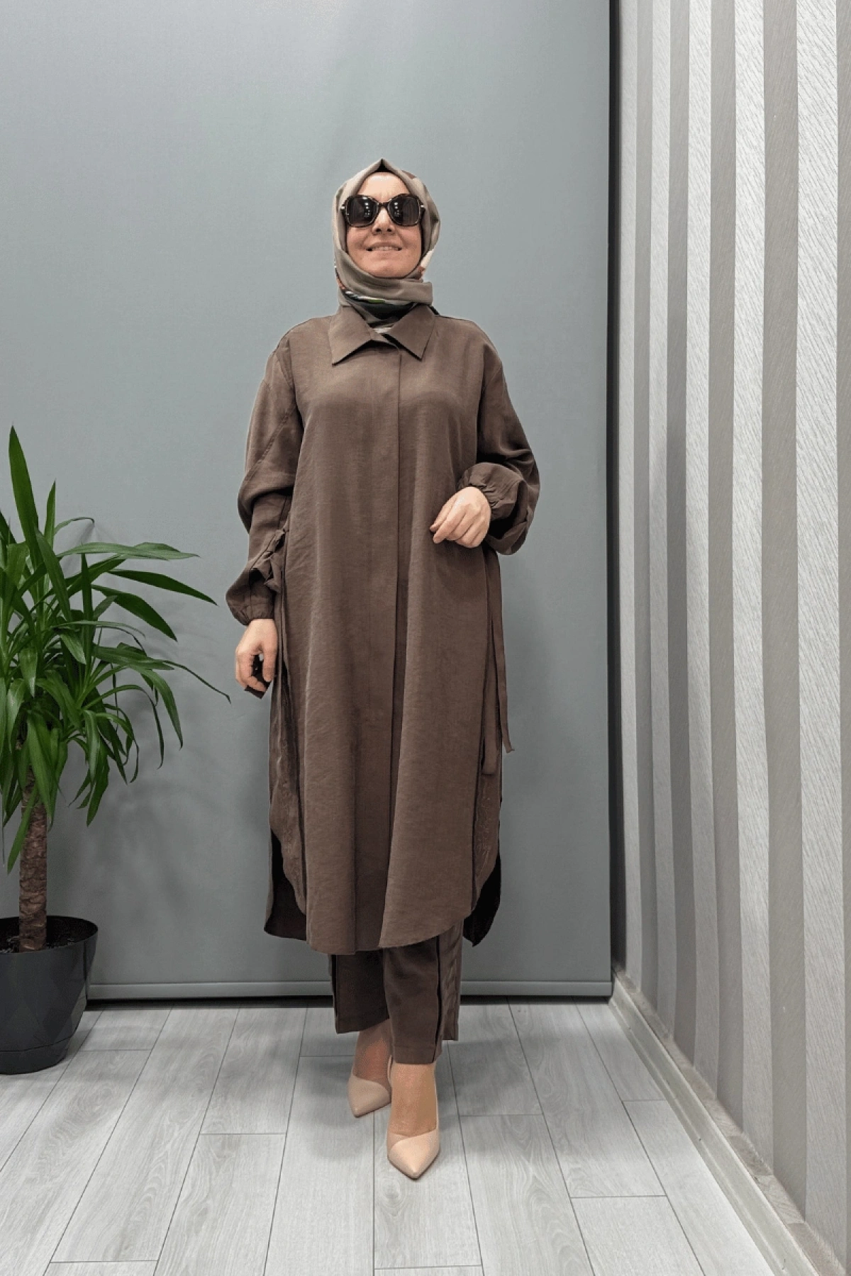 Misswhence Nakış Detaylı Gömlek Pantolon Takım Kahverengi 37301