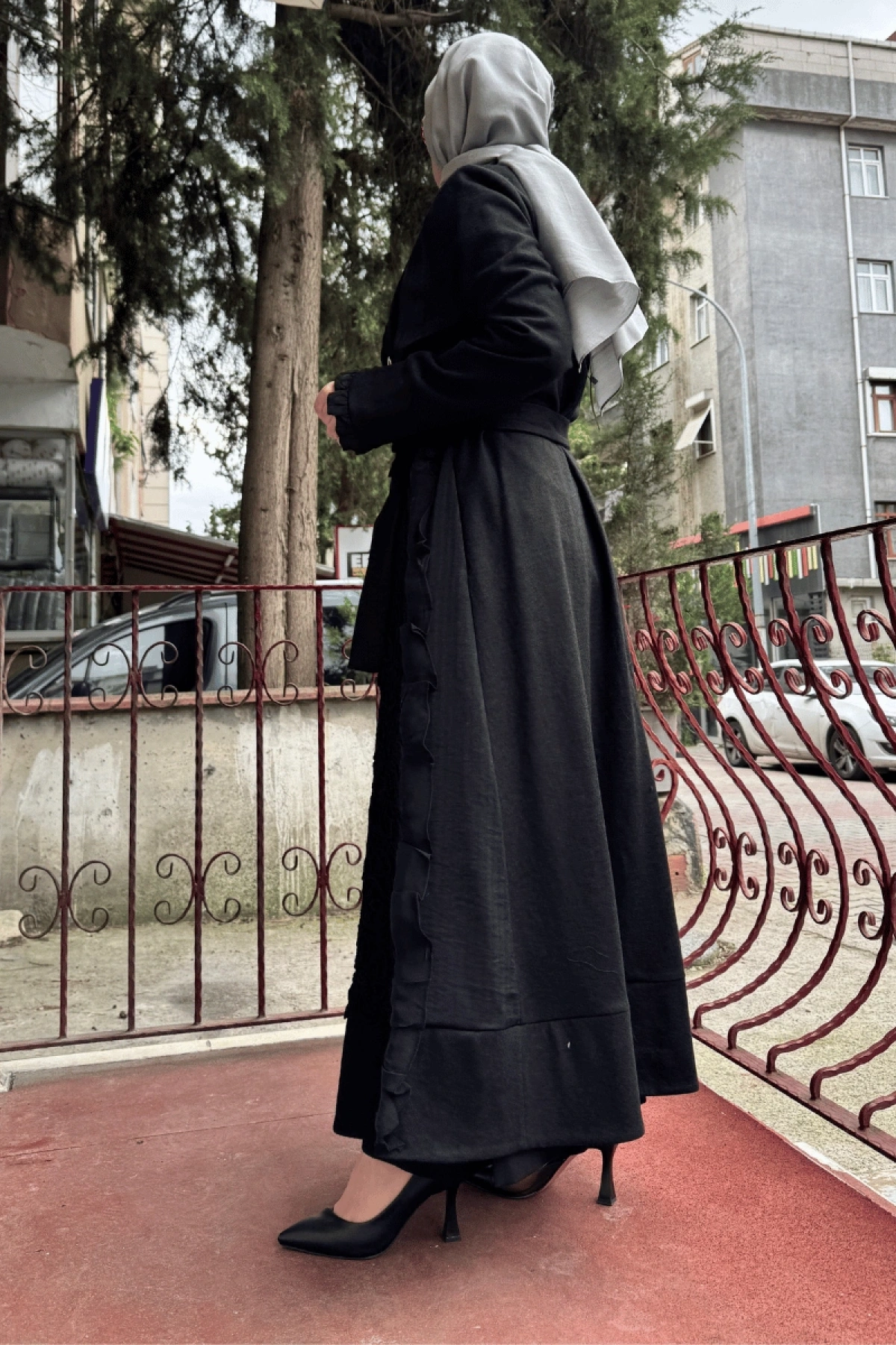 MissWhence Embroidered and Silk Flounce Detailed Felt Overcoat Black 36500