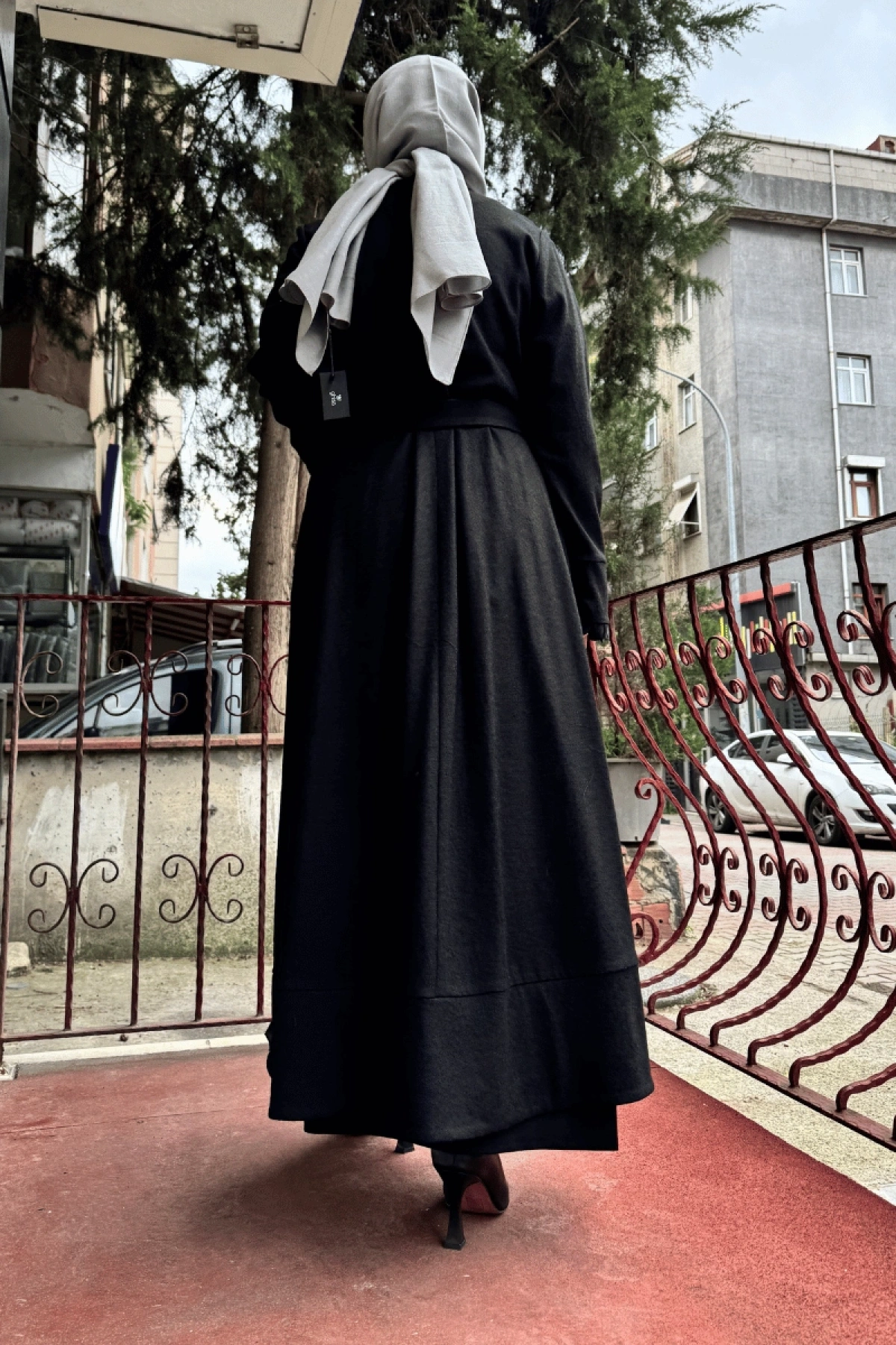 MissWhence Embroidered and Silk Flounce Detailed Felt Overcoat Black 36500