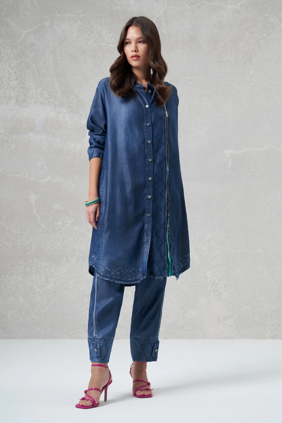 Misswhence Pants with Buttoned Hem Tencel Navy 35102
