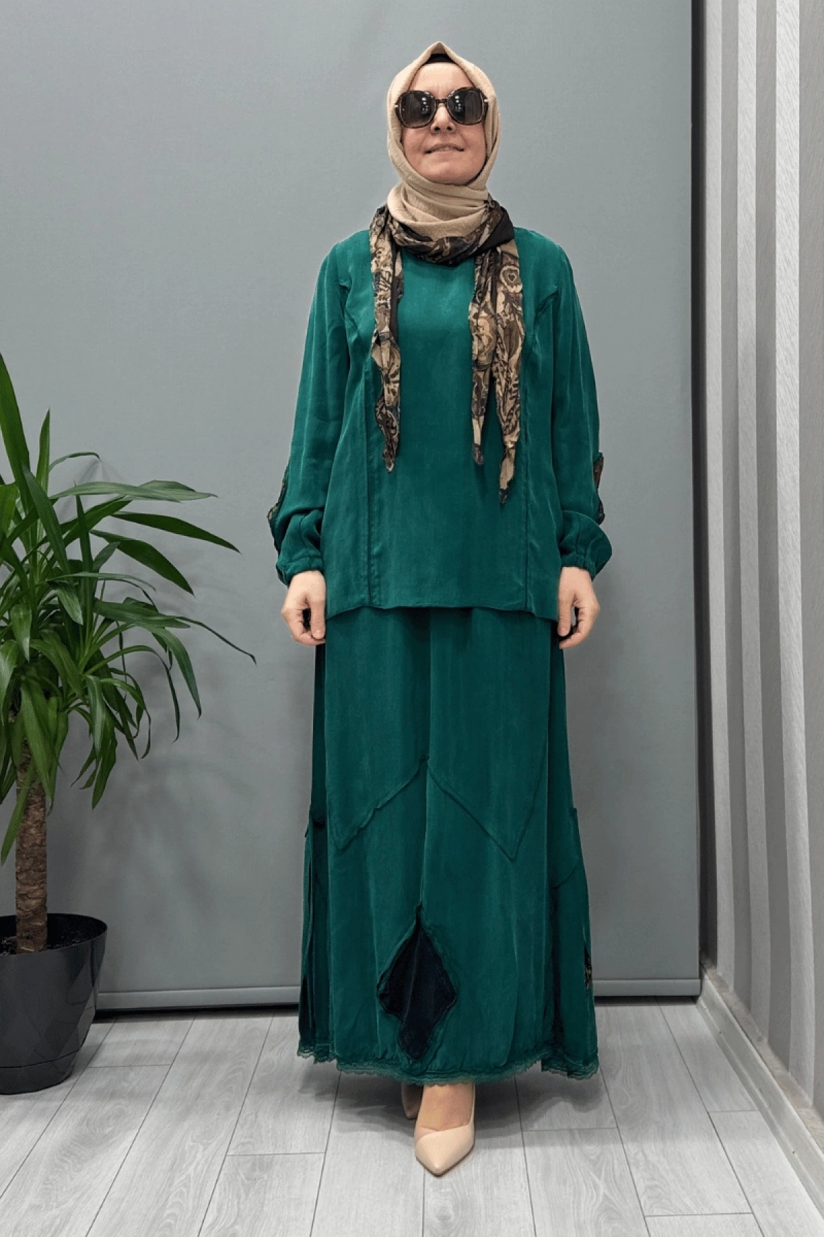 Misswhence Patchwork Detaylı Bluz Etek Takım Yeşil 37003