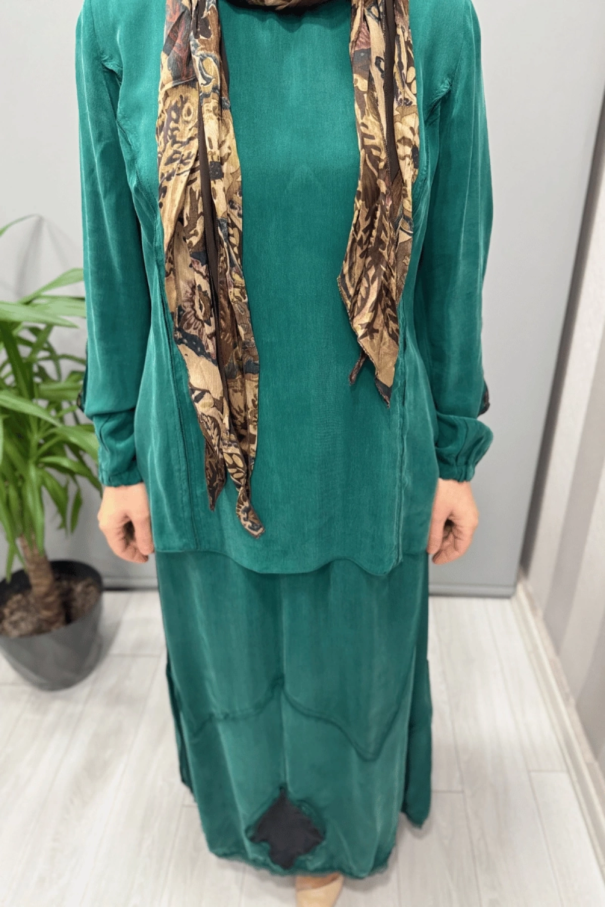 Misswhence Patchwork Detaylı Bluz Etek Takım Yeşil 37003