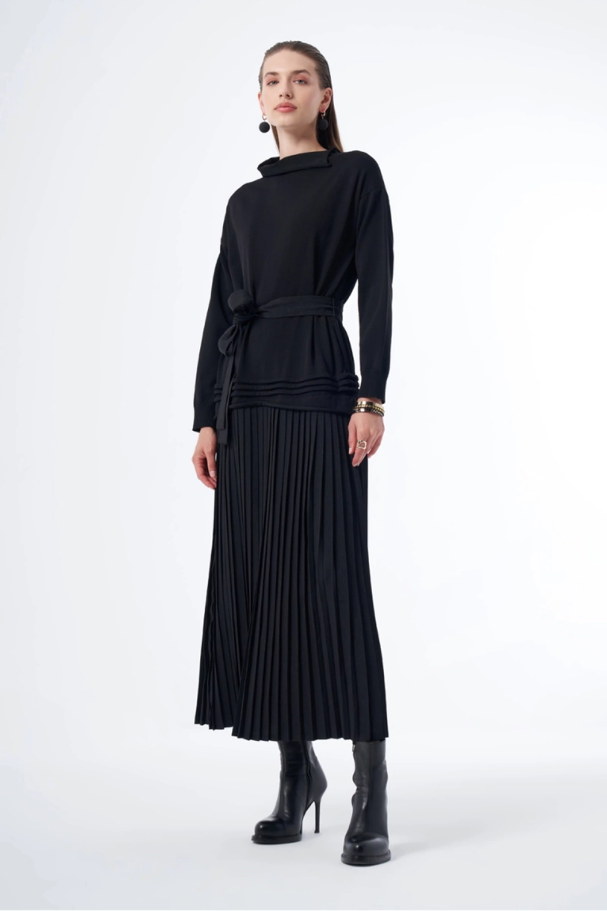 MissWhence Pleated Knit Dress Black 36813