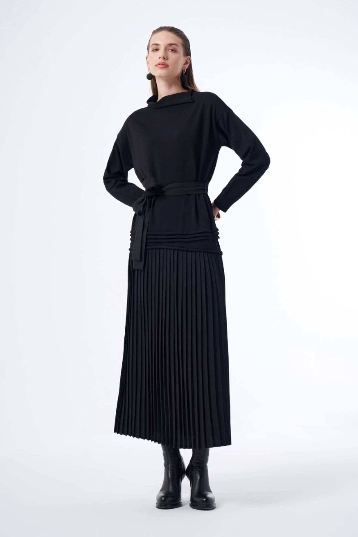 MissWhence Pleated Knit Dress Black 36813