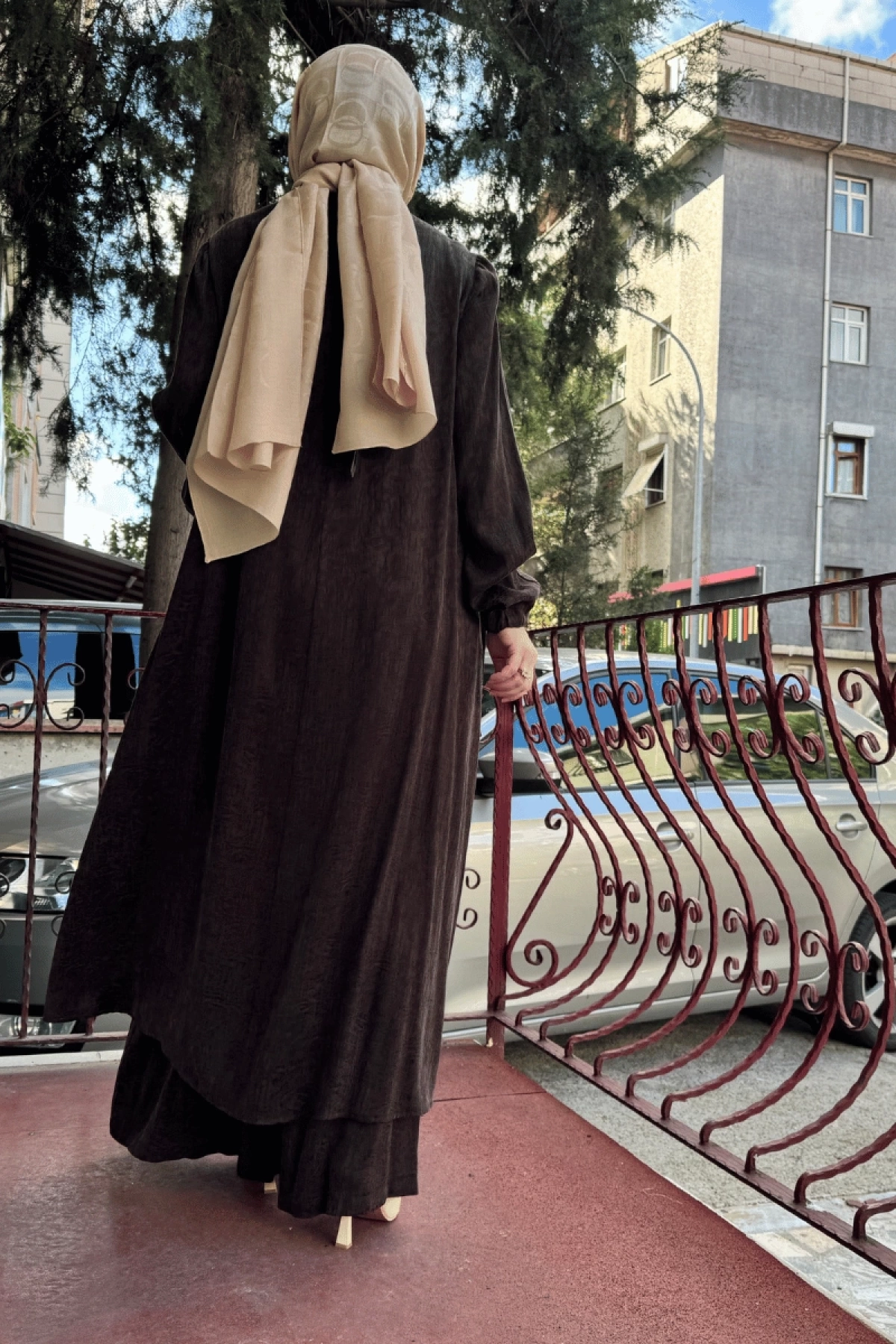MissWhence Renkli Uzun İpek Takım Kahve 36019