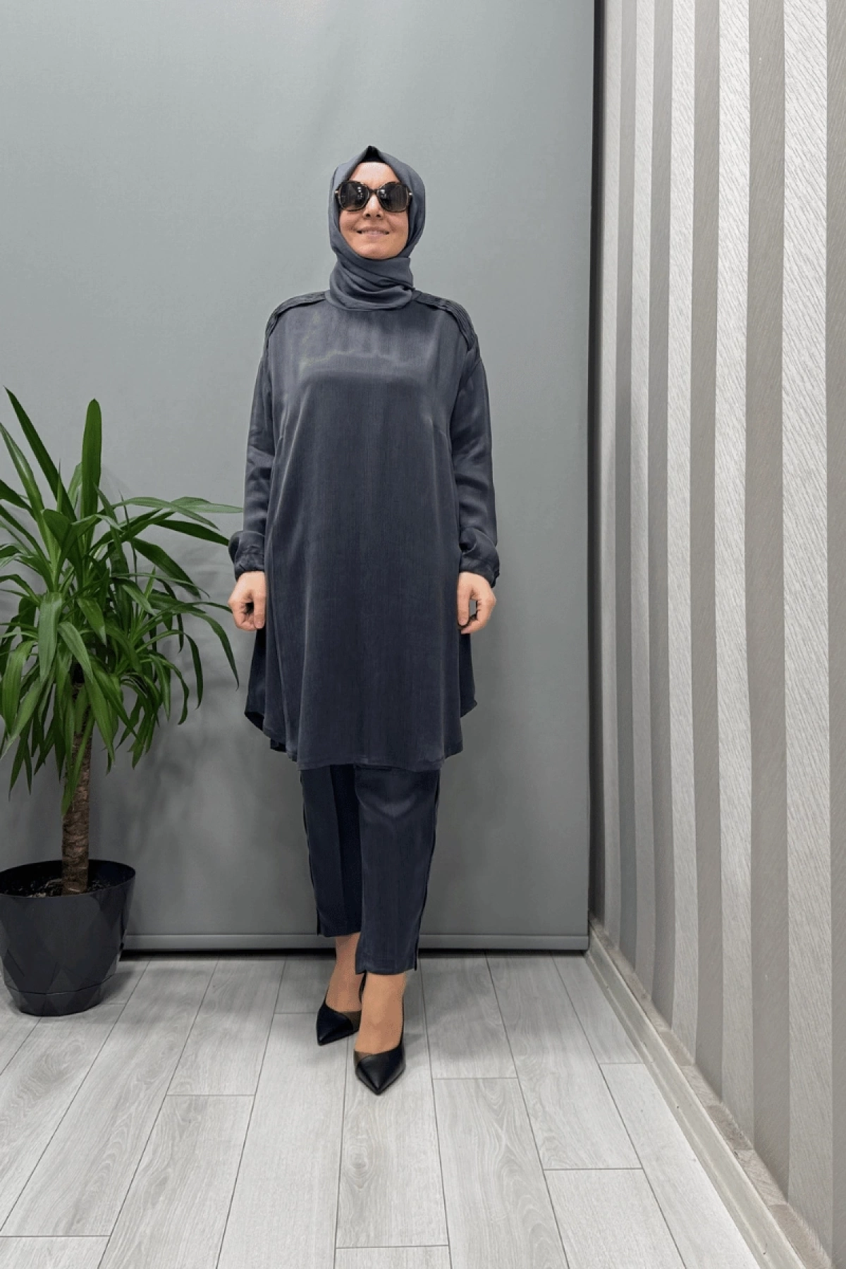 Misswhence Saten İpek Tunik Pantolon Takım Antrasit 37017