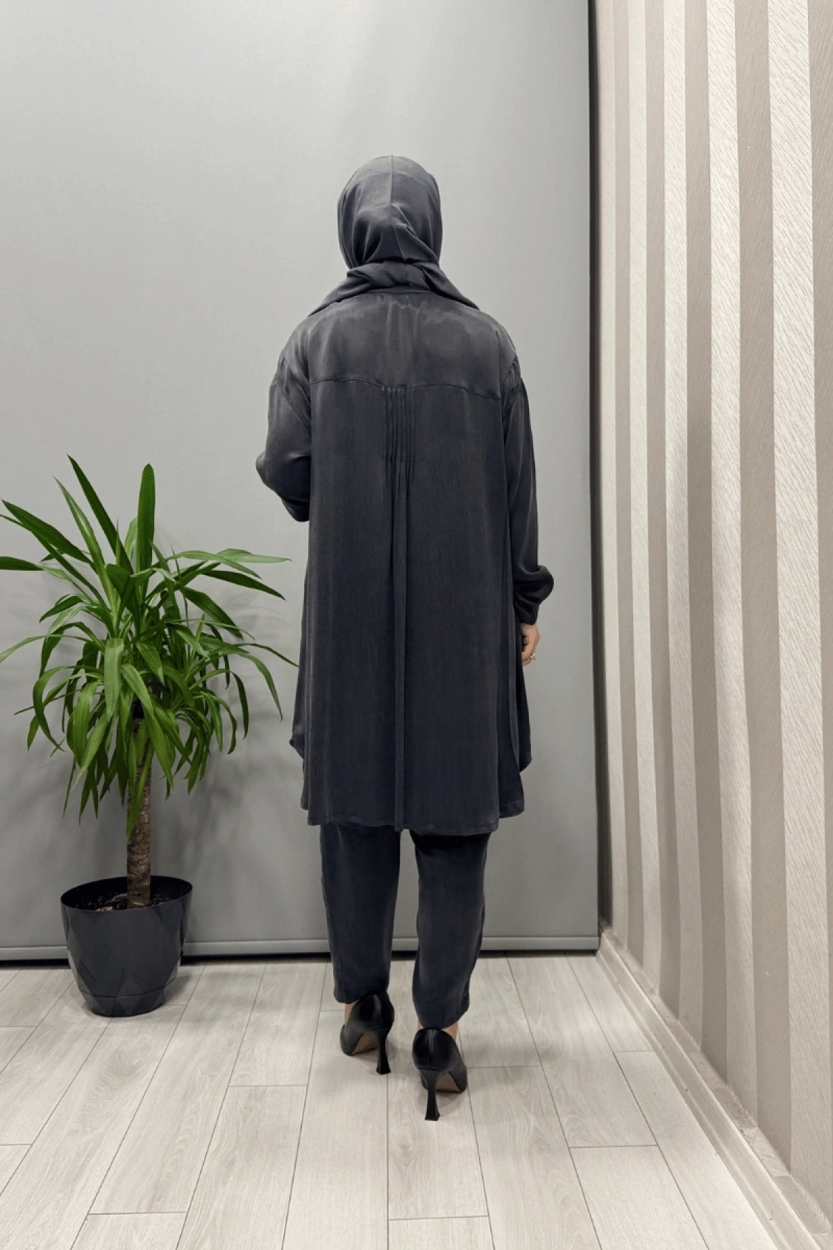 Misswhence Saten İpek Tunik Pantolon Takım Antrasit 37017