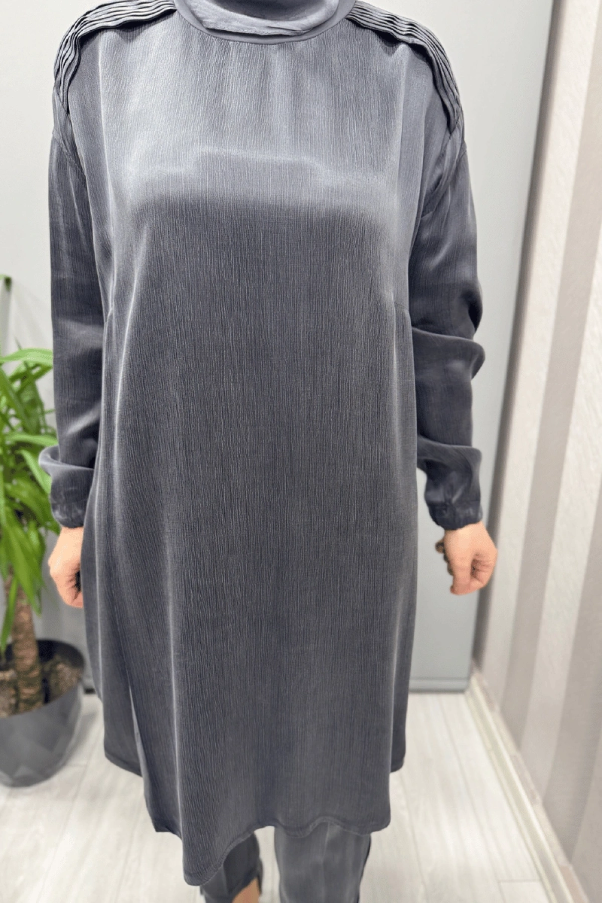 Misswhence Saten İpek Tunik Pantolon Takım Antrasit 37017