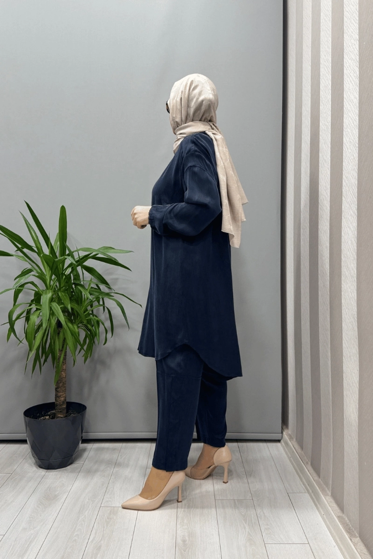 Misswhence Saten İpek Tunik Pantolon Takım Lacivert 37017