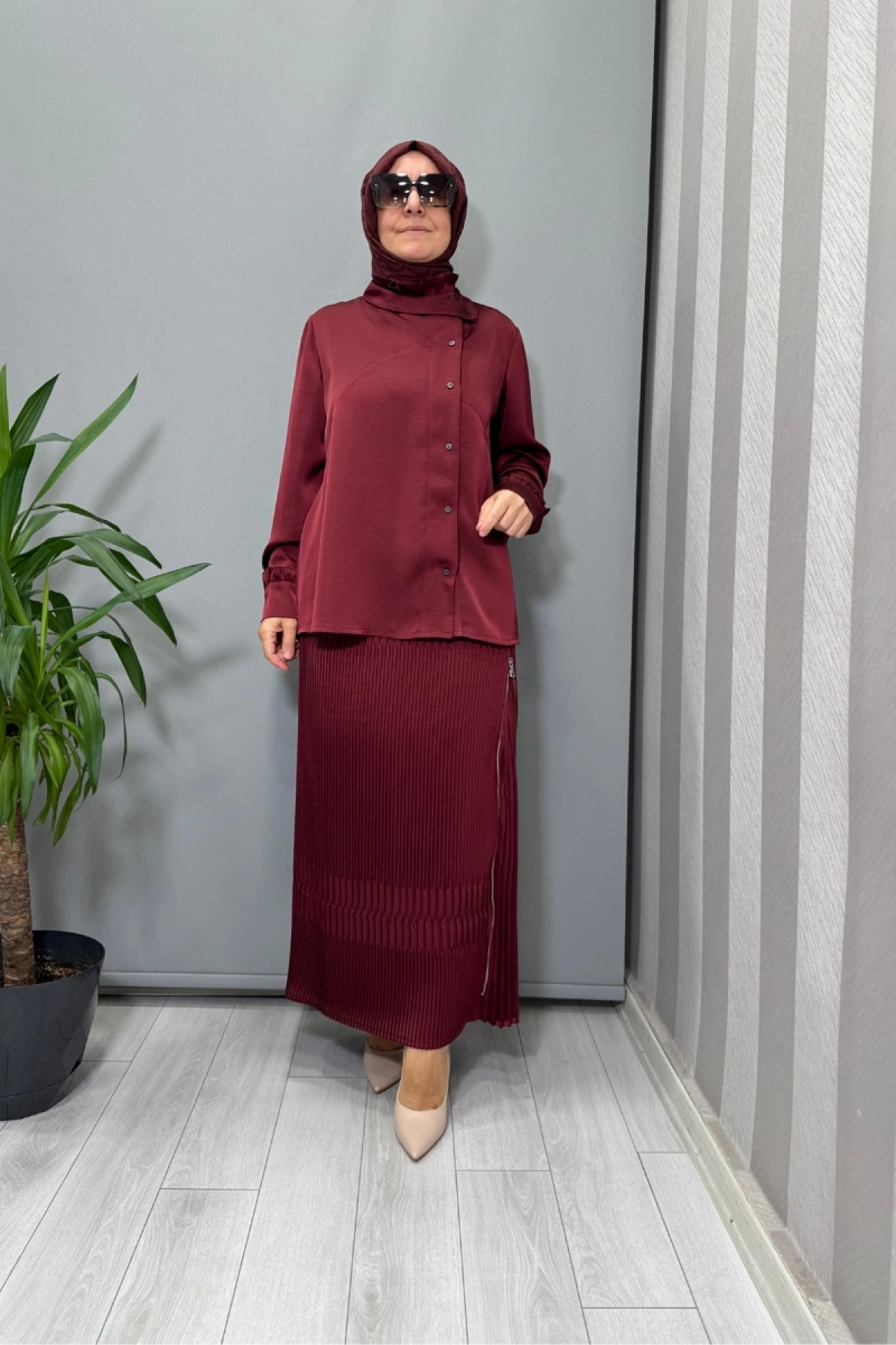 Misswhence Saten Pliseli Etek Takım Bordo 38015