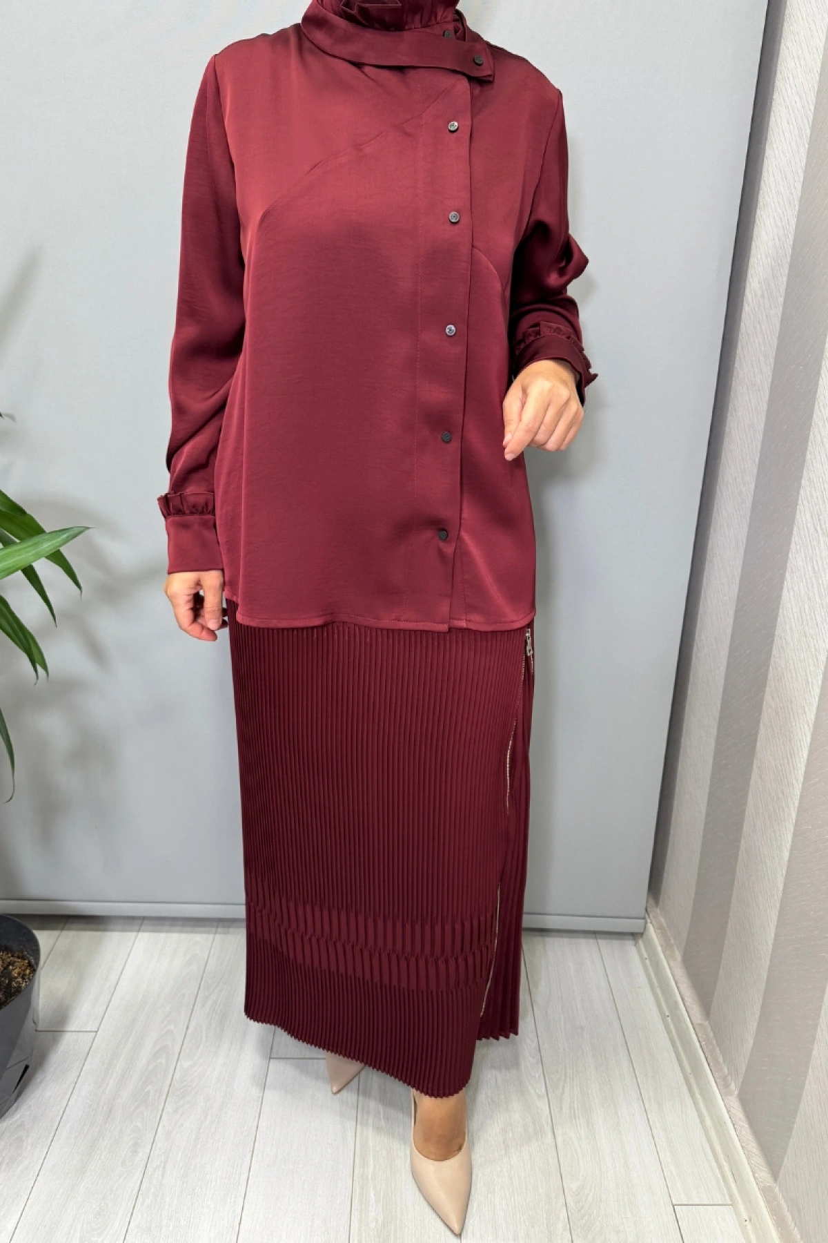 Misswhence Saten Pliseli Etek Takım Bordo 38015
