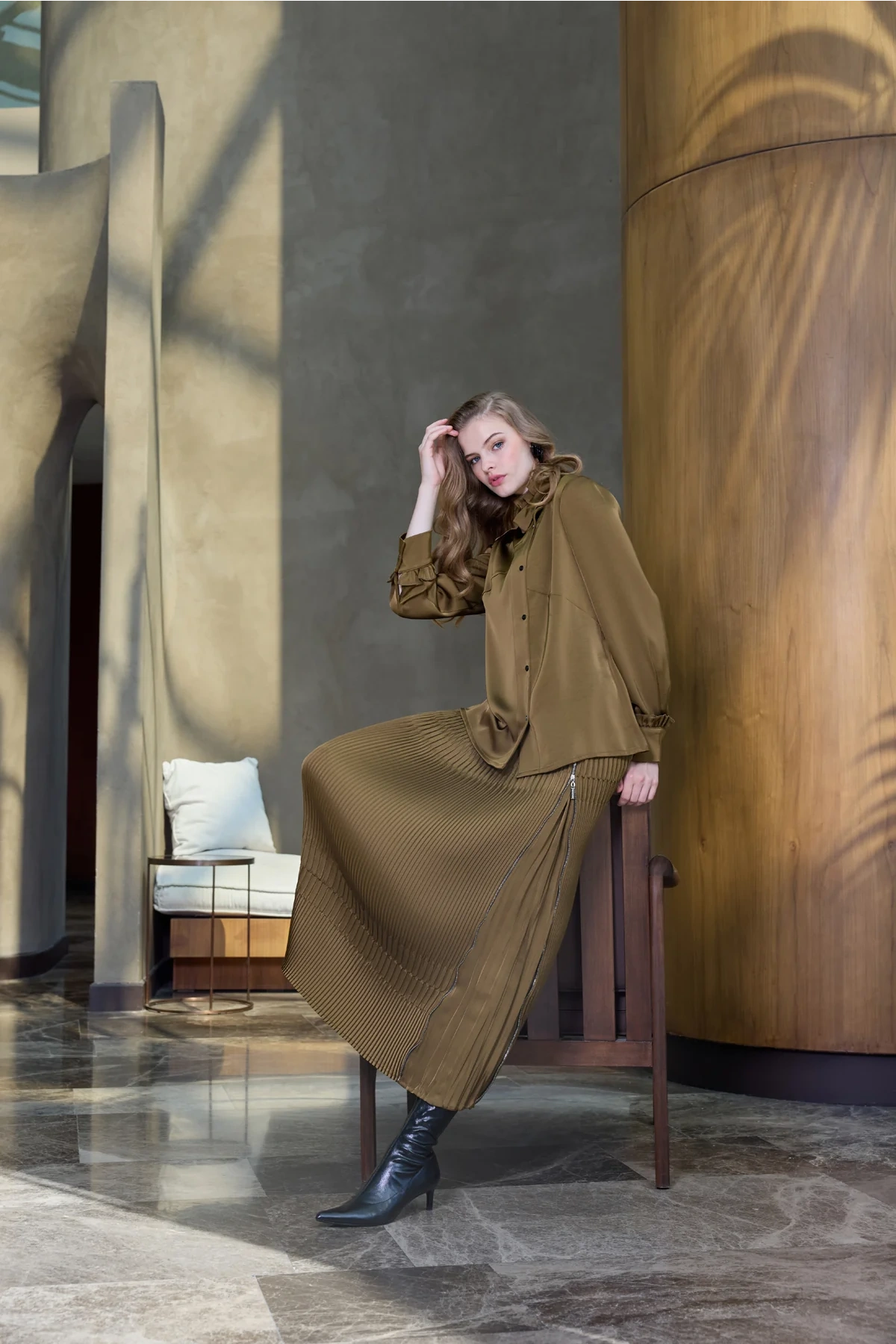 Misswhence Saten Pliseli Etek Takım Yağ Yeşili 38015