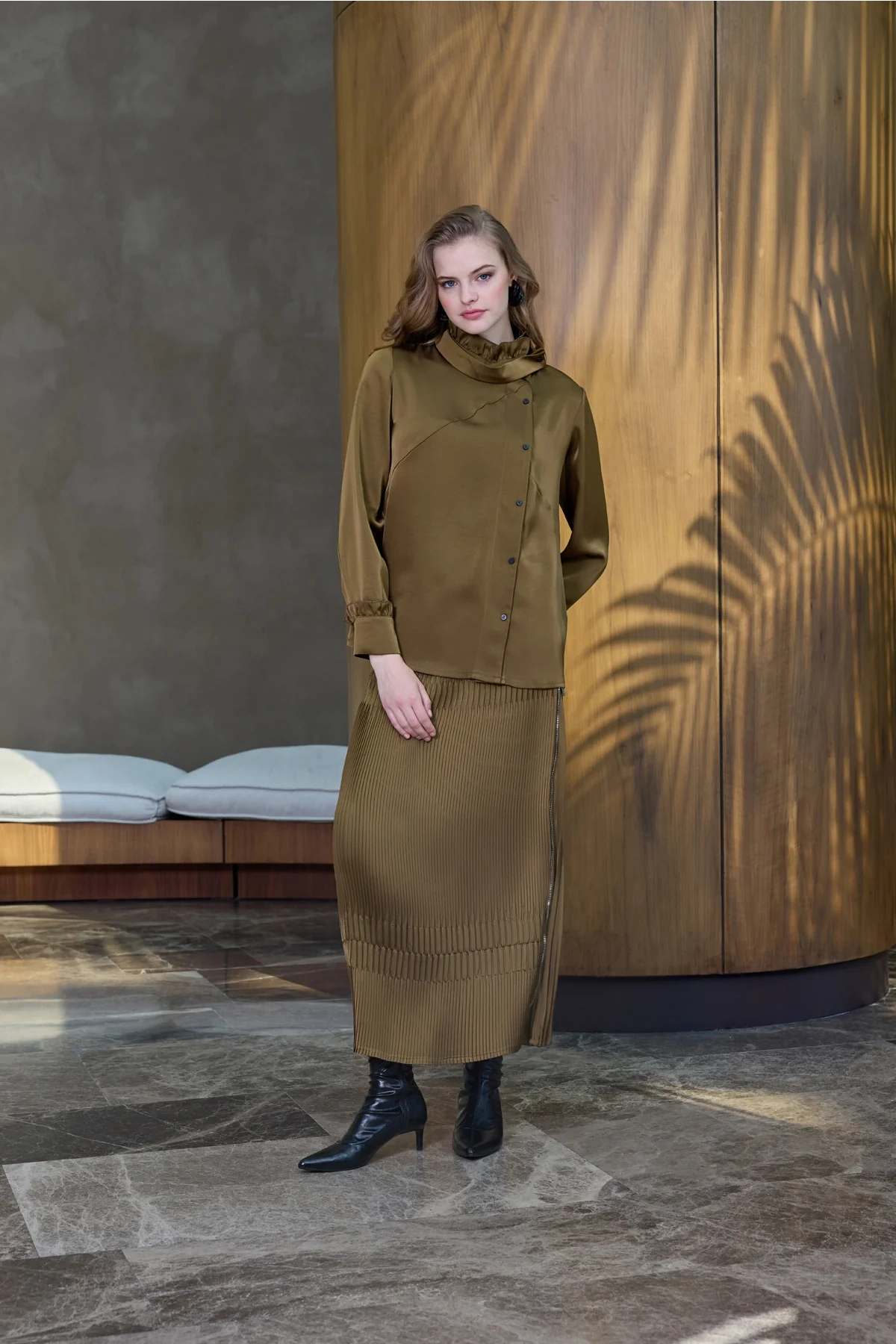 Misswhence Saten Pliseli Etek Takım Yağ Yeşili 38015