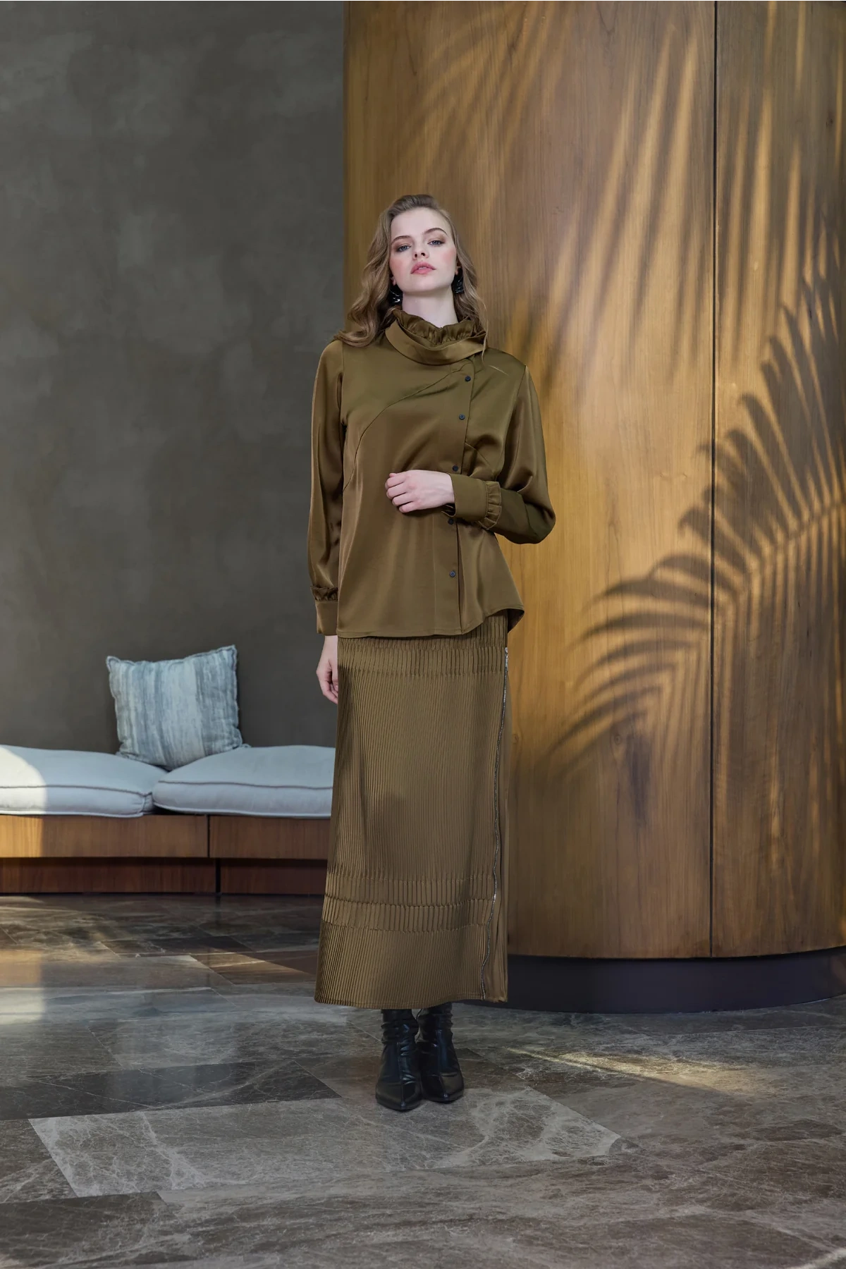 Misswhence Saten Pliseli Etek Takım Yağ Yeşili 38015