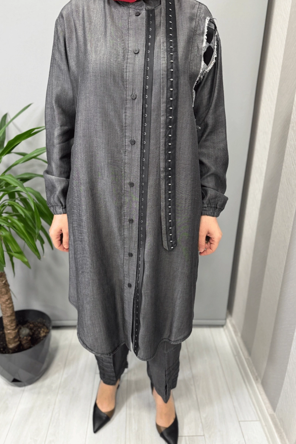 Misswhence Tencel Kot Gömlek Pantolon Takım Gri 37307