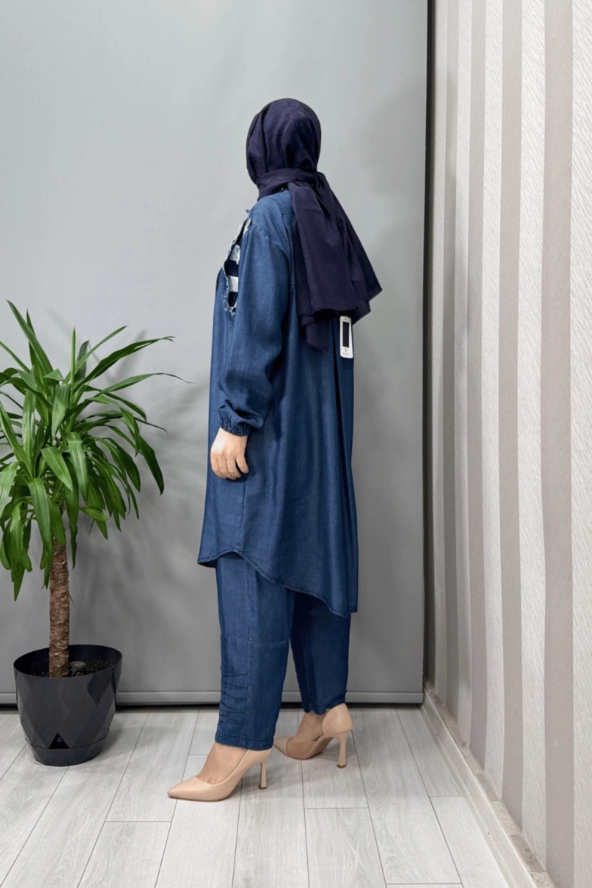 Misswhence Tencel Kot Gömlek Pantolon Takım Lacivert 37307