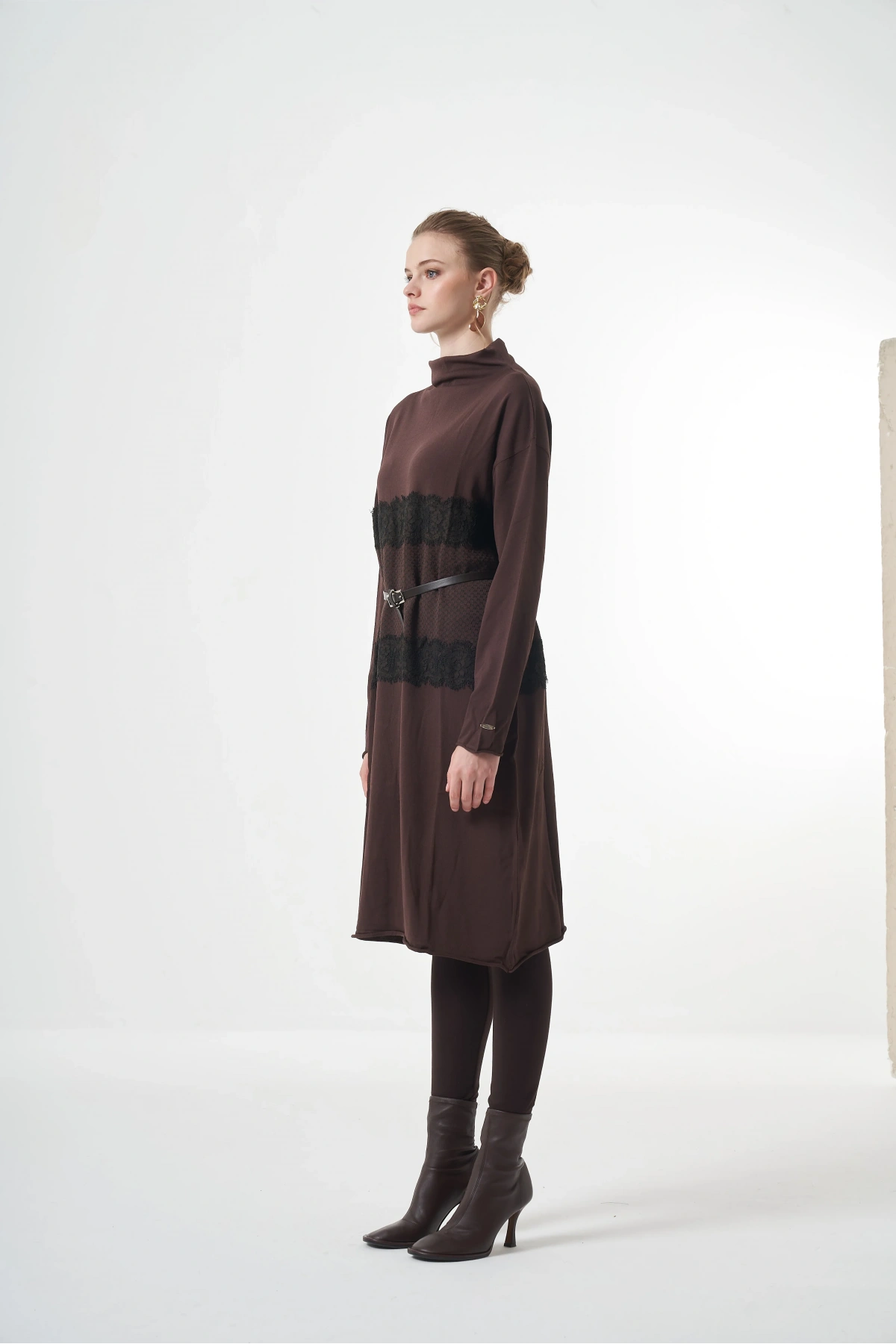 Misswhence Triko Dantel Detaylı Tunik Kahve Miss248