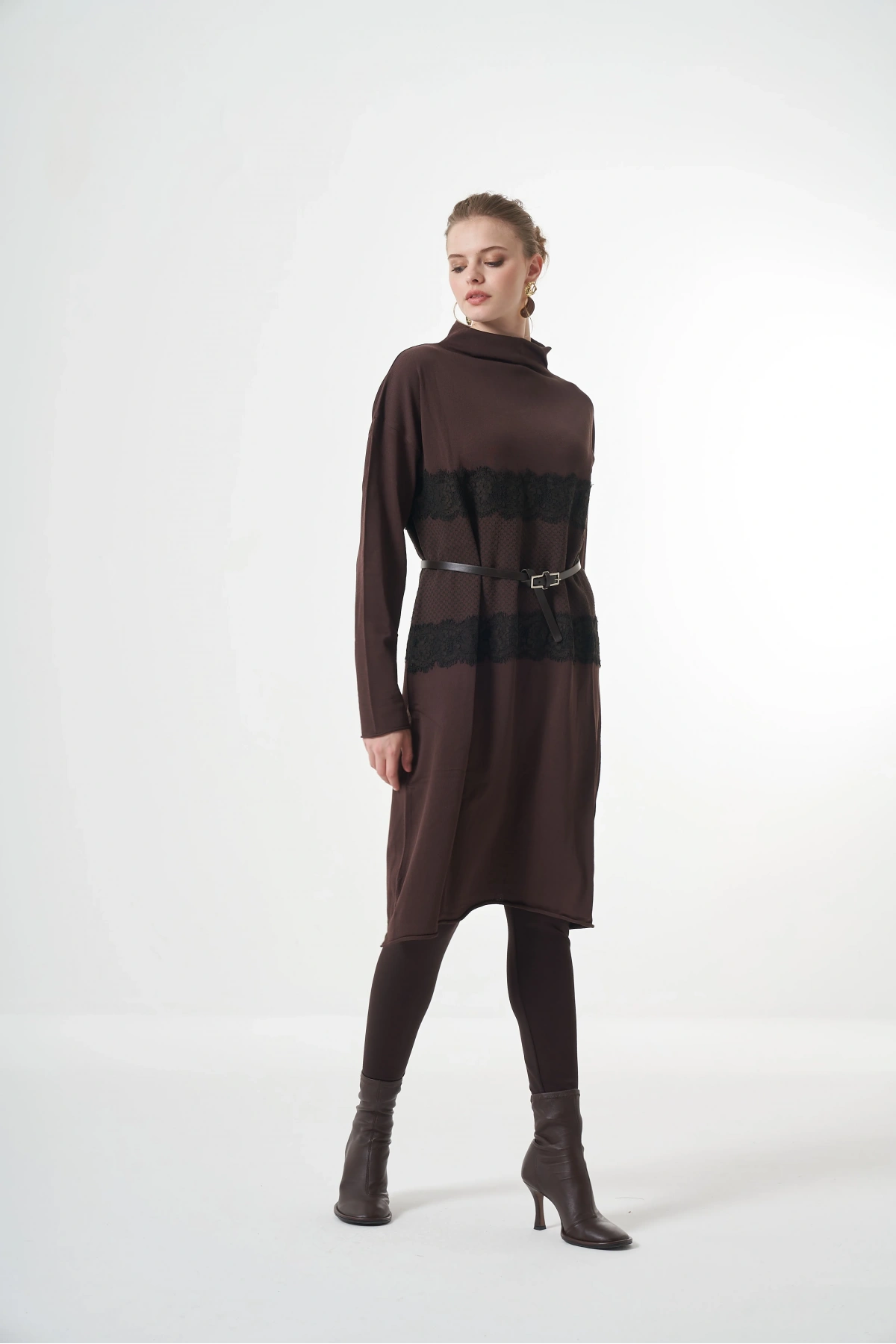 Misswhence Triko Dantel Detaylı Tunik Kahve Miss248