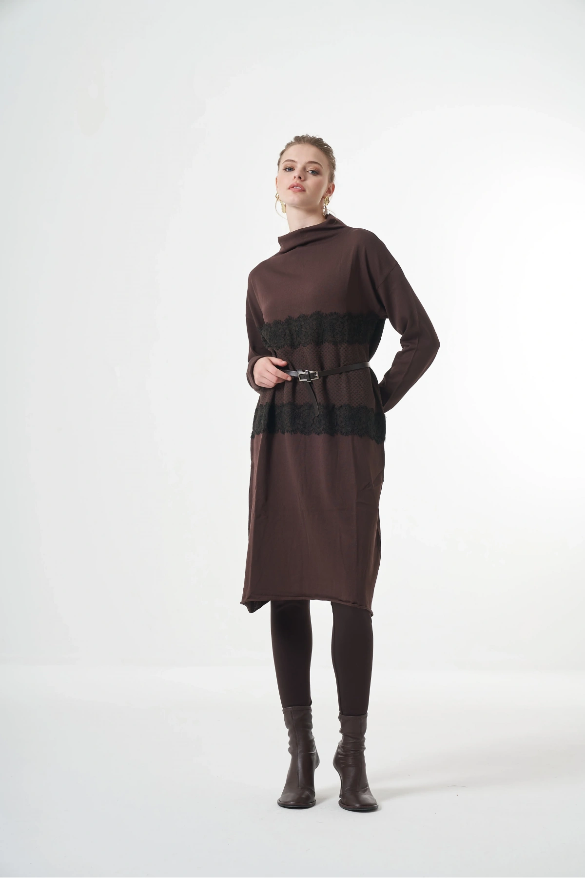 Misswhence Triko Dantel Detaylı Tunik Kahve Miss248