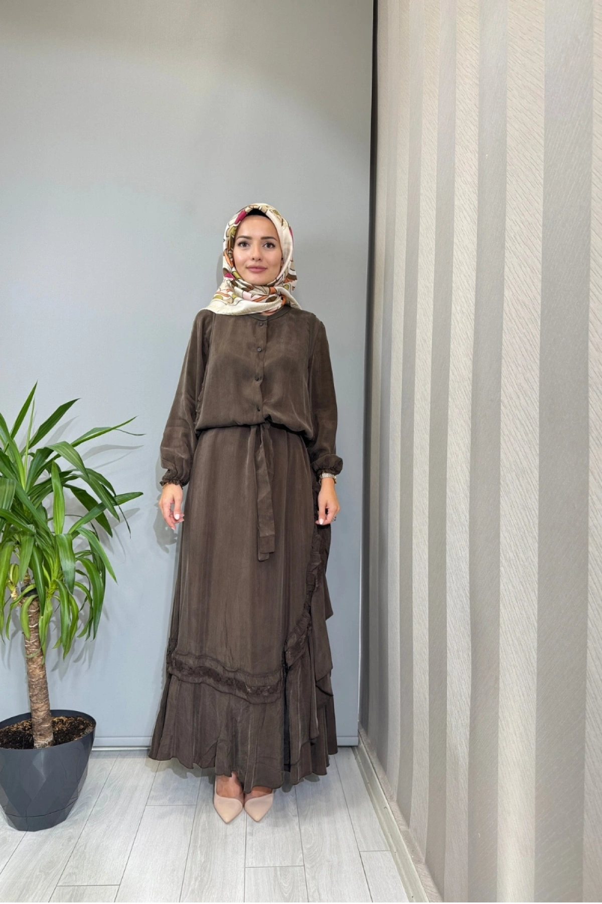 Misswhence Yelekli Cupra İpek Elbise Kahve 39815