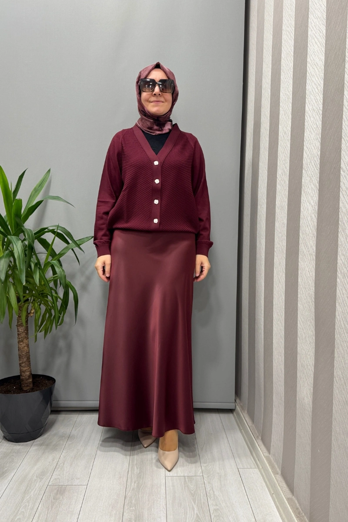 Sentez Luna Saten Volanlı Etek Bordo 5457