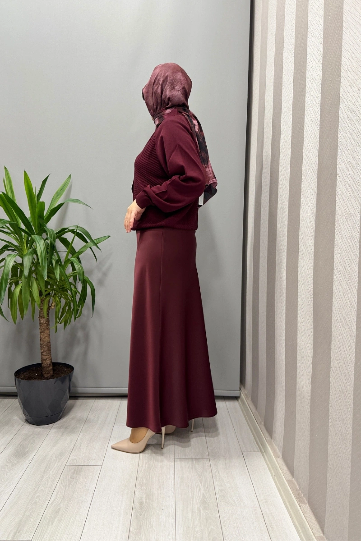 Sentez Luna Saten Volanlı Etek Bordo 5457