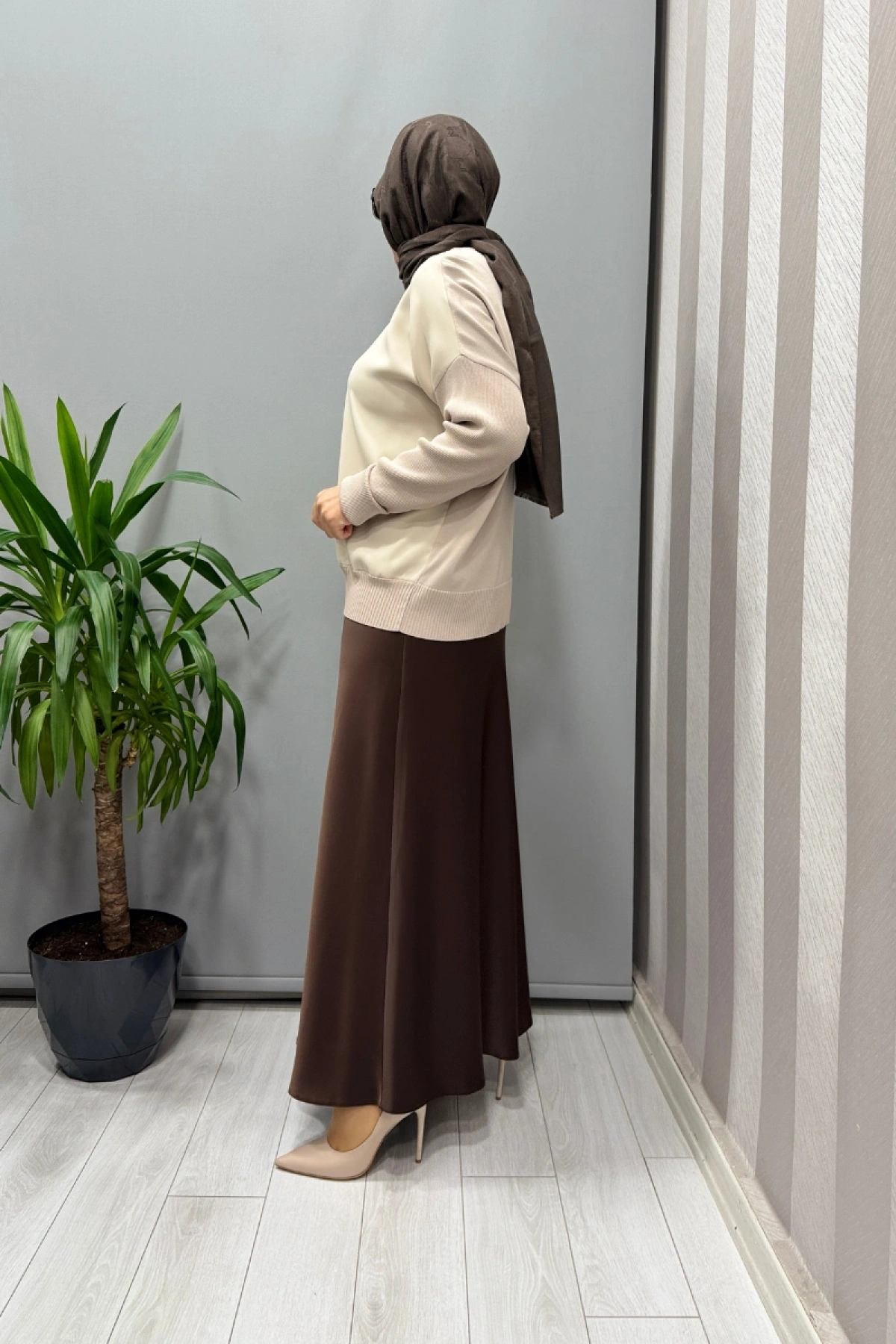 Sentez Luna Saten Volanlı Etek Kahve 5457