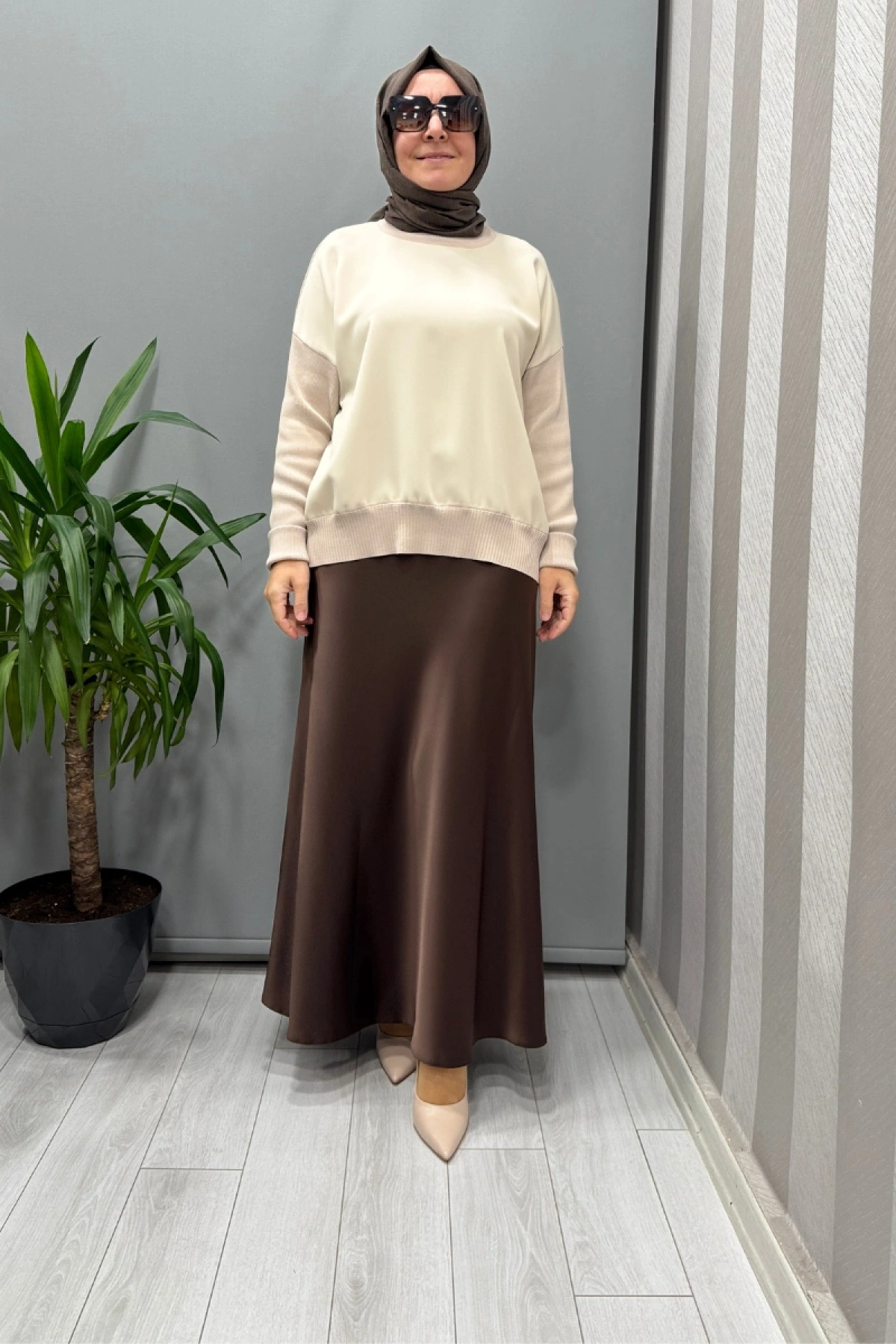 Sentez Luna Saten Volanlı Etek Kahve 5457