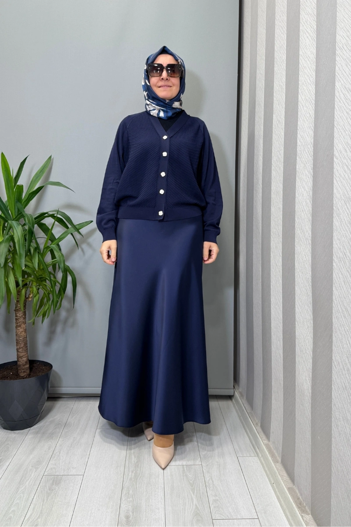 Sentez Luna Saten Volanlı Etek Lacivert 5457