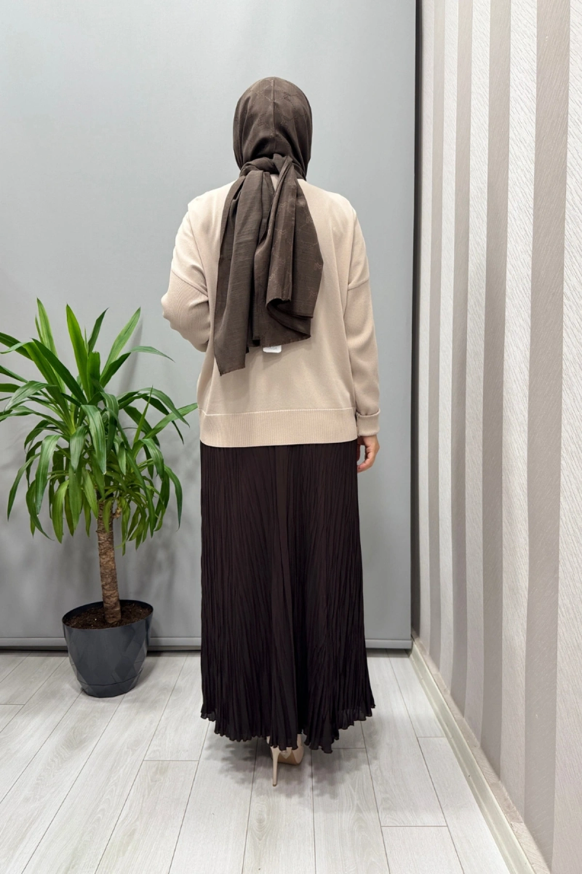 Sentez Şifon Kırıştırma Etek Kahve 5432