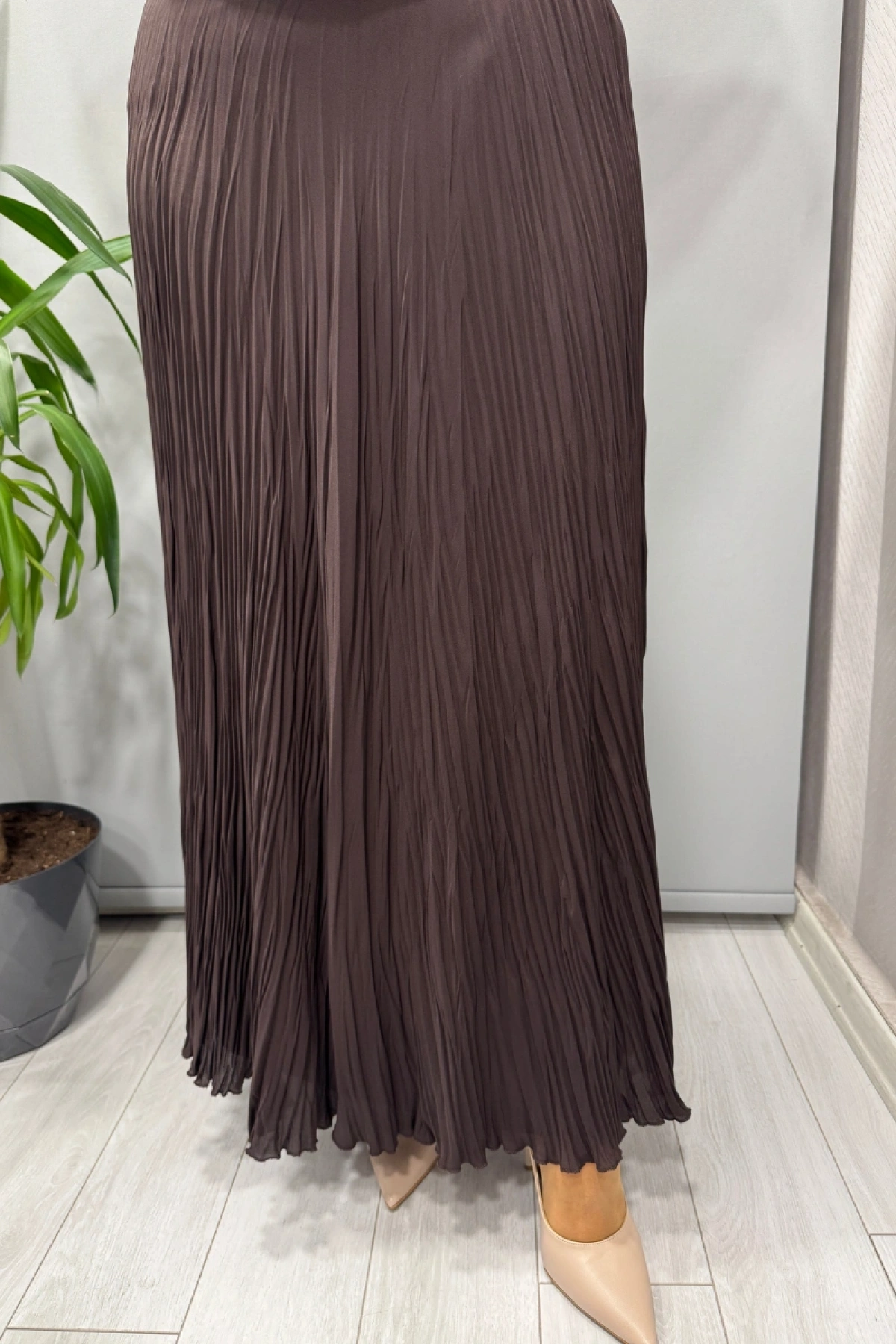 Sentez Şifon Kırıştırma Etek Kahve 5432