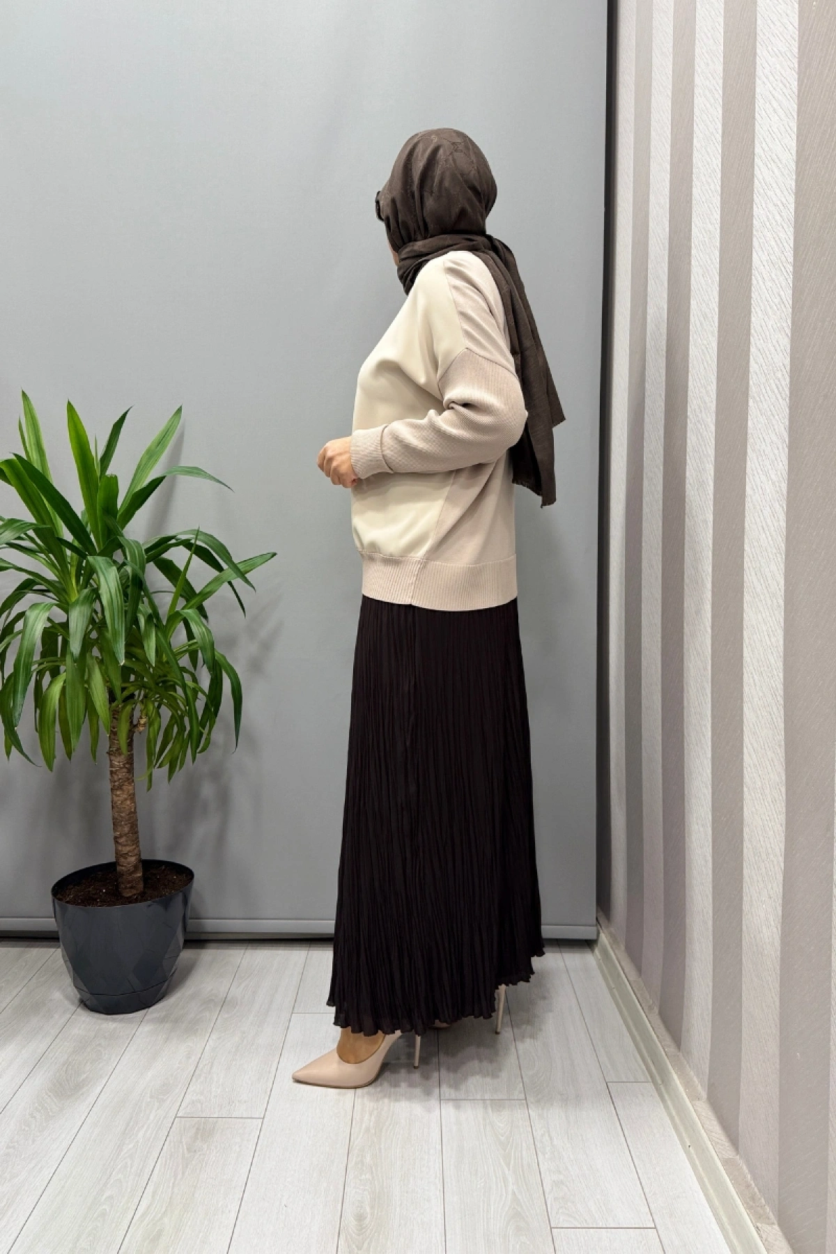 Sentez Şifon Kırıştırma Etek Kahve 5432