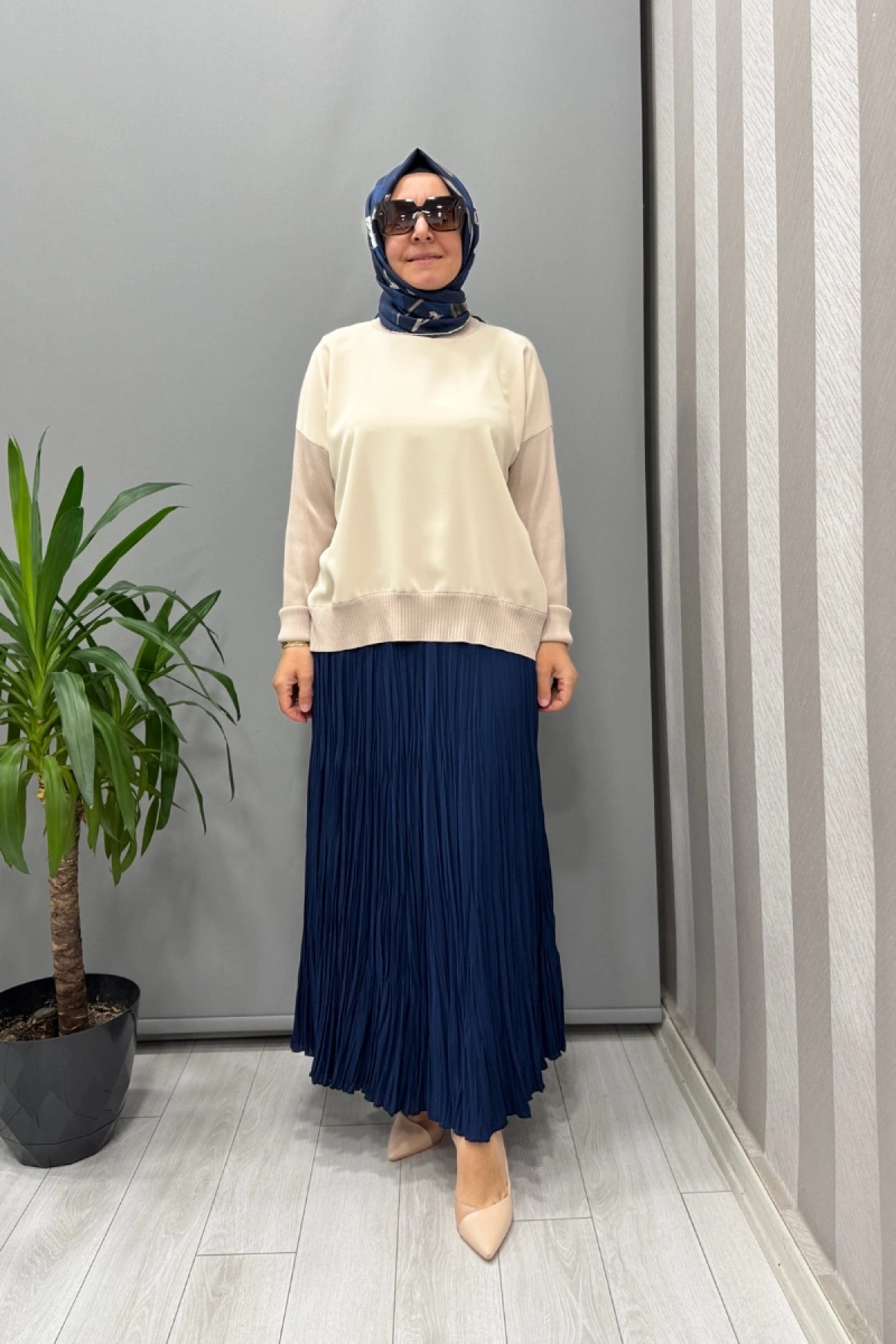 Sentez Şifon Kırıştırma Etek Leopar Lacivert 5432